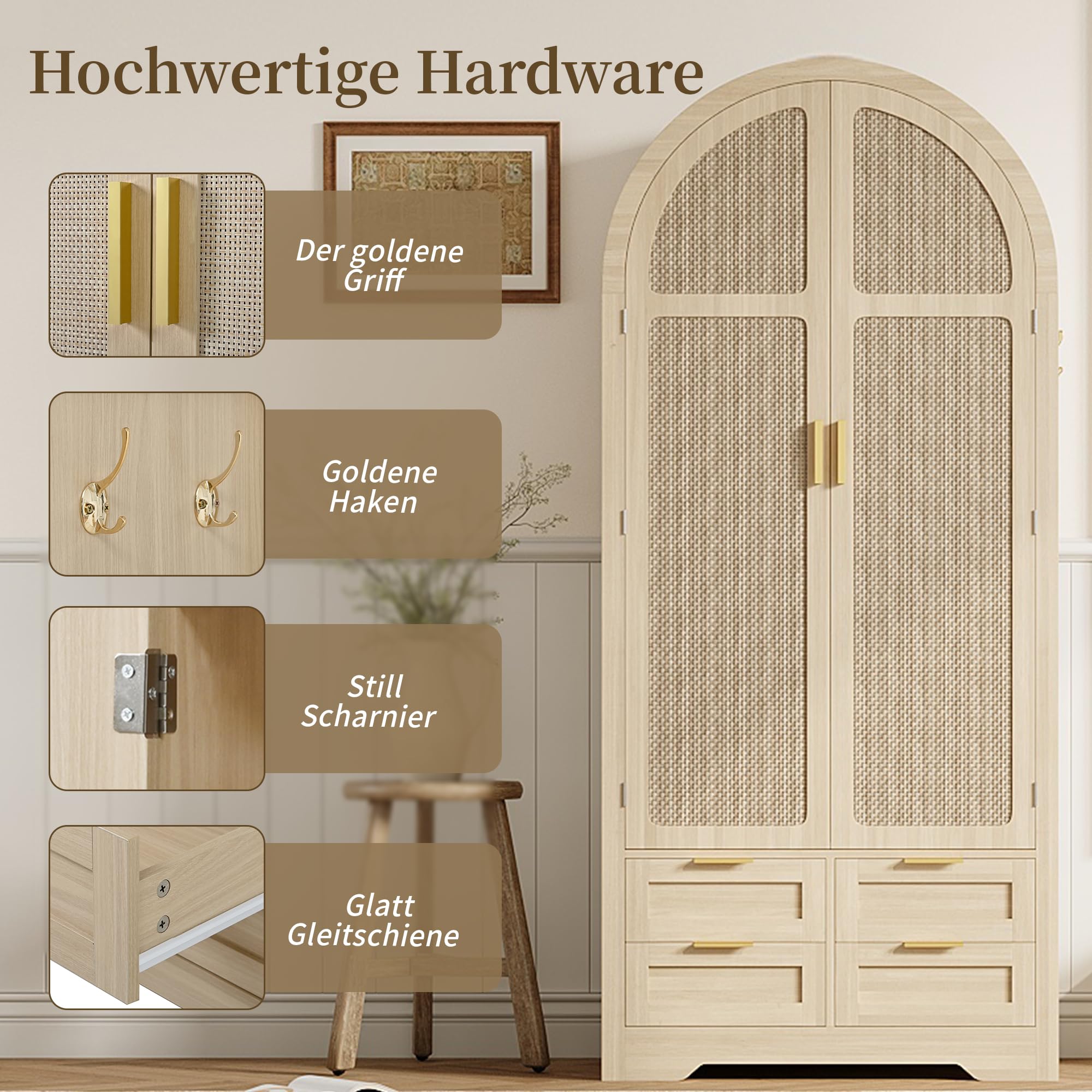 Azkoeesy Armadio moderno ad arco, ante effetto rattan, 4 cassetti, maniglie dorate, 80 x 50 x 179 cm, per camera da letto e corridoio (quercia)