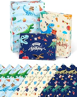WERNNSAI Dinosaur Wrapping Paper - 10 Sheets Dinosaur Gift Wrapping Paper for Boys Girls 3 Styles Patterns Wrap Paper Rolls Happy Birthday Wrapping Paper Dino Party Favor Present (20’’ x 27’’/ Sheet)