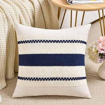 Fancy Homi Set of 1 Navy Blue Small Decorative Throw Pillow Covers 14x14 Inch for Couch Bed Sofa Living Room, Aesthetic Modern Organic Farmhouse Home Decor, Soft Cotton Woven Textured Cushion Case
