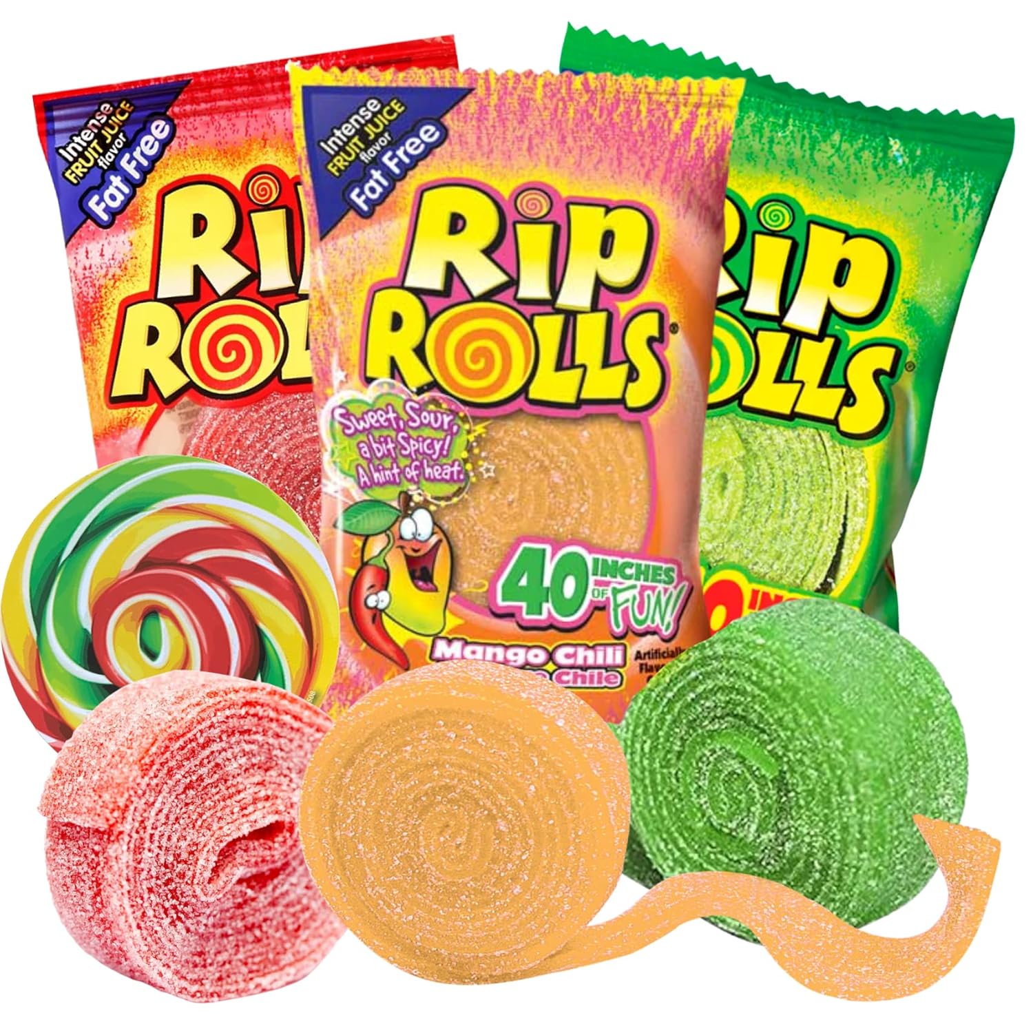 Strawberry, Green Apple, and Mango Chili Rips Sour Candy Rolls, Assorted Fruit