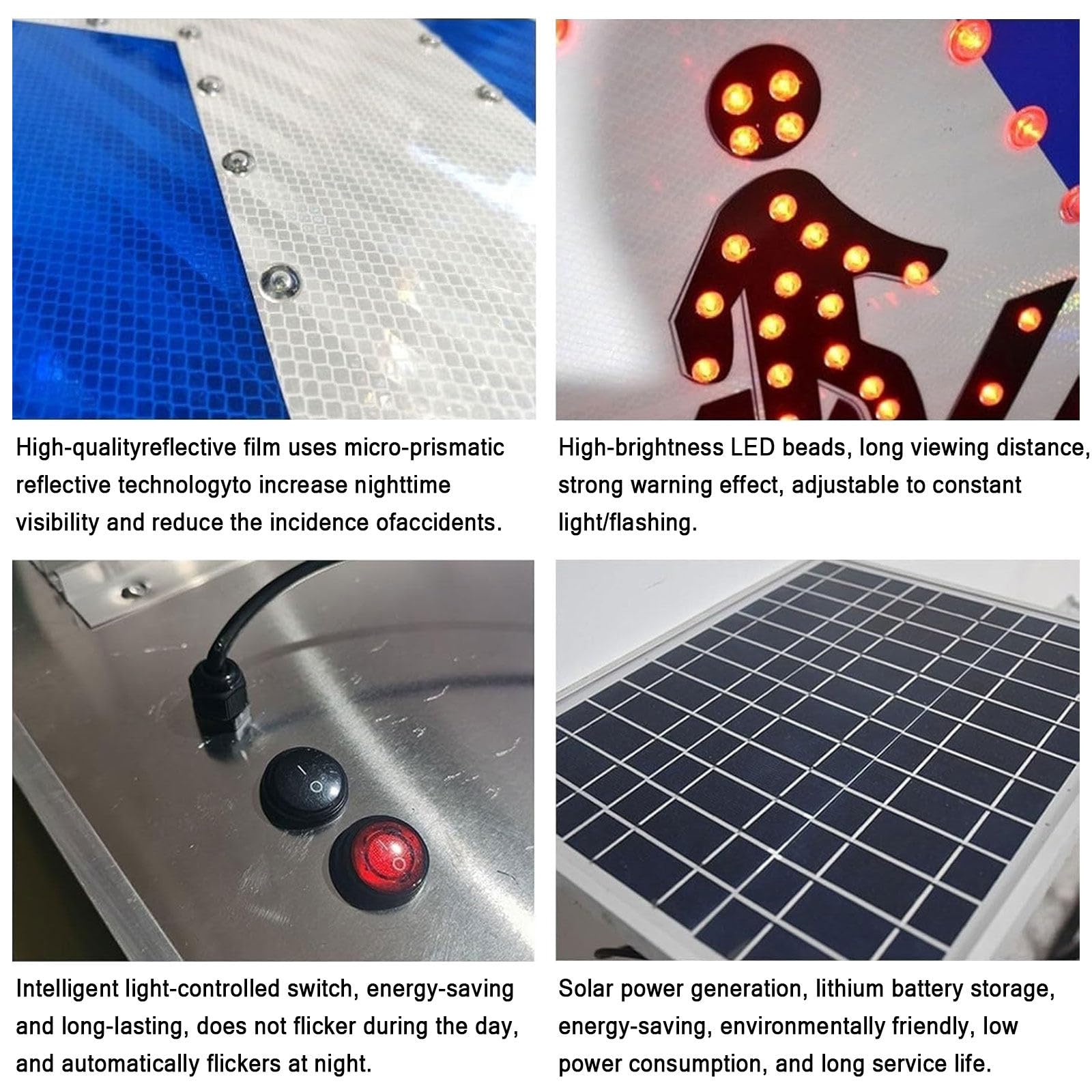 Señal de tráfico con energía solar, LED parpadeante, señal de cruce de peatones para carreteras, patrones personalizables