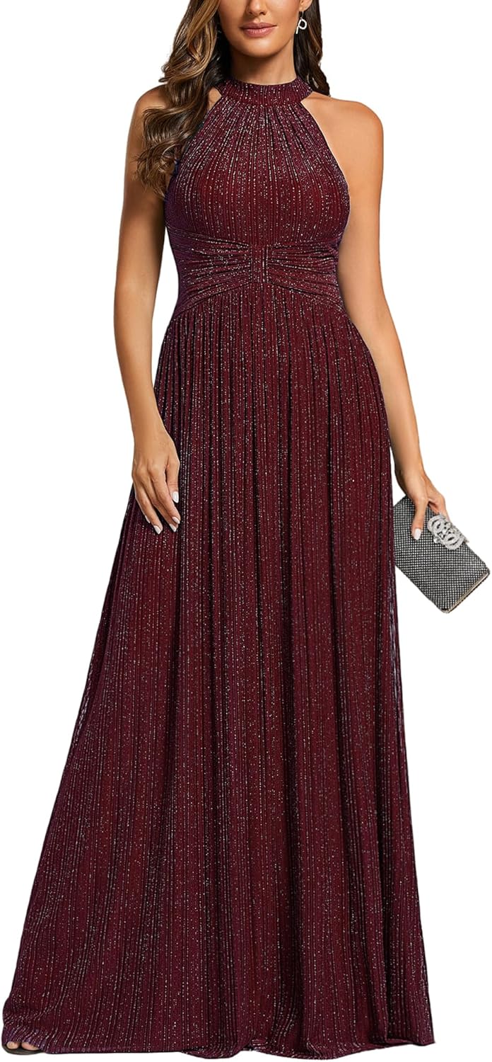 Ever Pretty Formal Dresses for Women Halter Sleeveless Pletaed Floor Length Glitter Evening Gowns Wedding Guest Dresses 41961