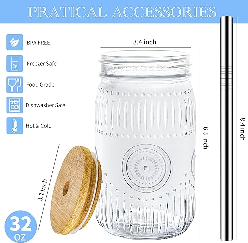Miniatura 2 de Amzcku Tarros de vidrio vintage de 32 onzas con tapas de bambú y pajitas de acero inoxidable, tarro de conservas de boca ancha, reutilizable de 32