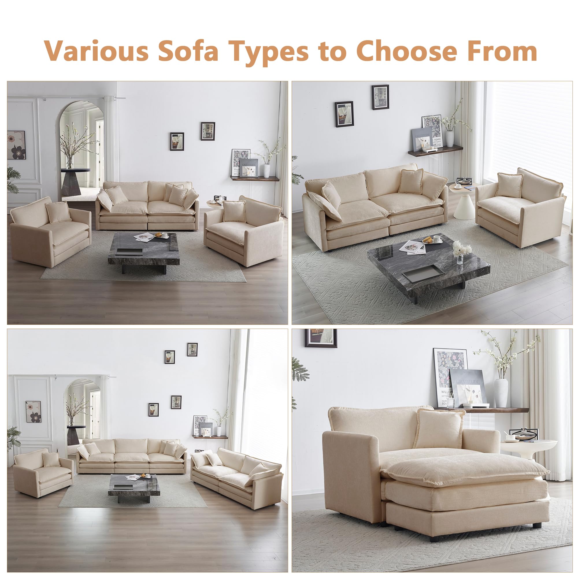 Mikibama 3-Piece Chenille Cloud Sofa Set - 2 Singles + 3-Seater With 7 Pillows (Light Coffee)