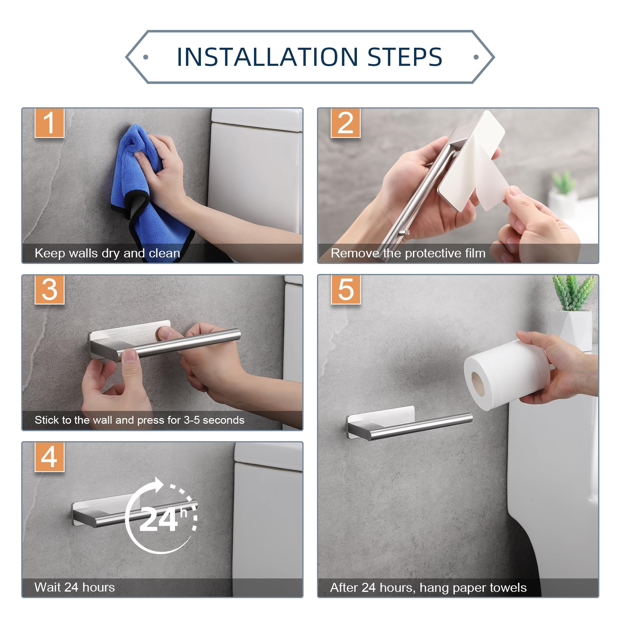 Portarrollos Papel Higienico y 2 Piezas de Ganchos Adhesivos, Portarrollos Adhesivo Baño de Pared, Portarrollos Papel Higienico Acero Inoxidable, Plata