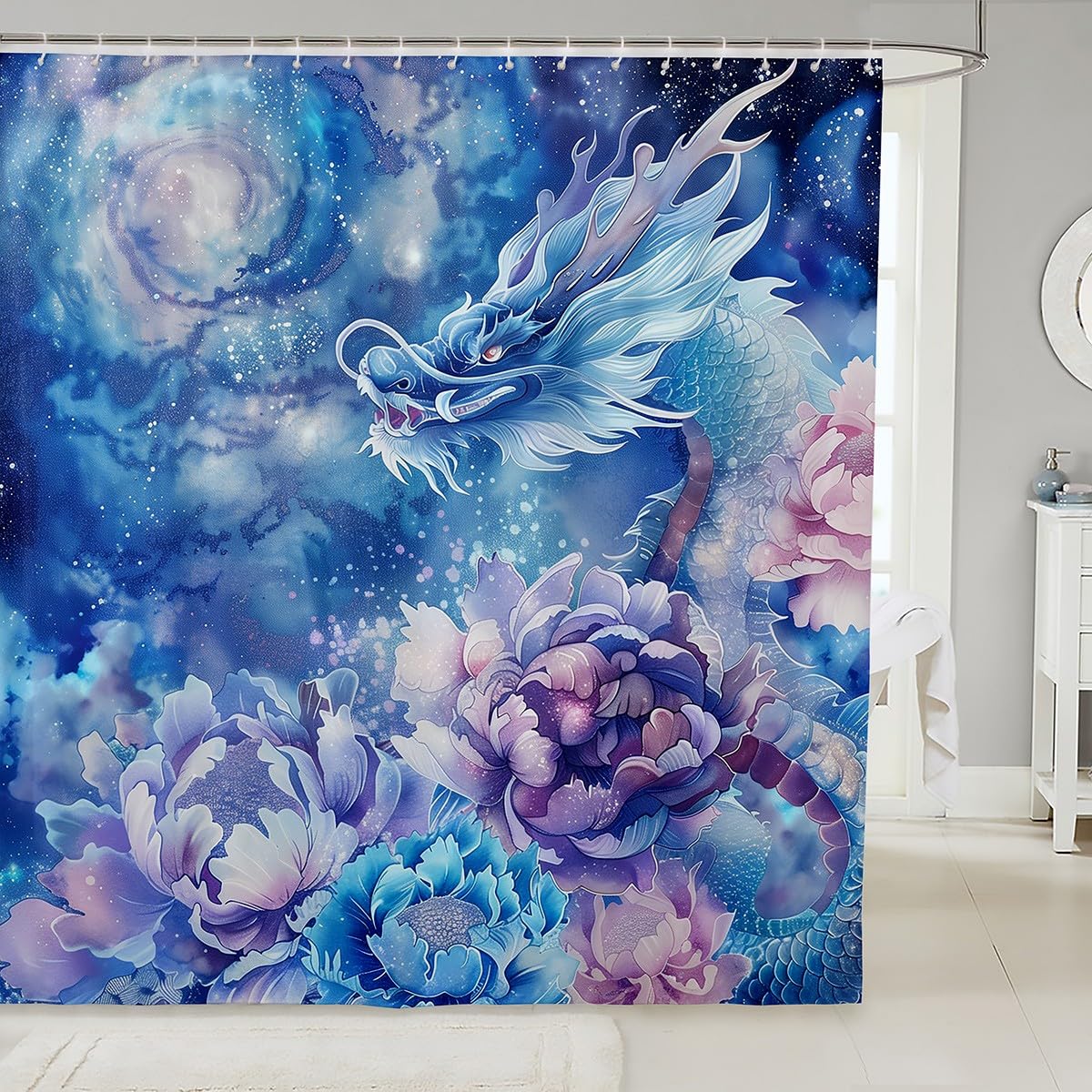 Erosebridal Dragon Shower Curtain 72x78, Safari 3D Nebula Bathroom Shower Curtain Sets for Bathroom, Wildlife Florals Bath Curtain, Blue Purple Galaxy