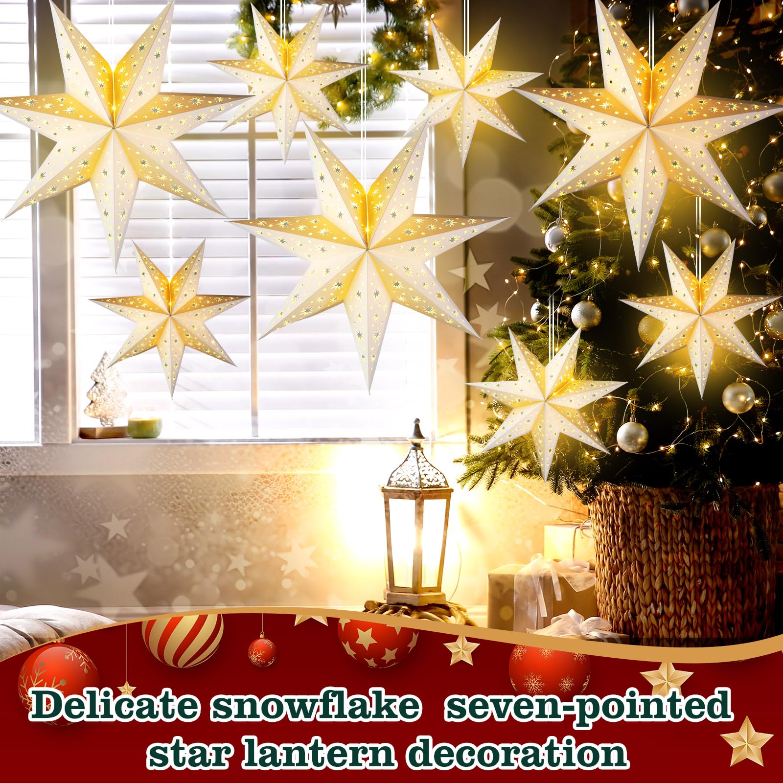 Cinnvoice Weihnachtliche Papiersternlaternen, 7/8/9 Punkte, hängende Ornamente, neutrale 3D-Sternlaterne mit Lichterkette, 30,5 cm und 45,5 cm, hohler Lampenschirm für Party-Dekoration (weiß, 7