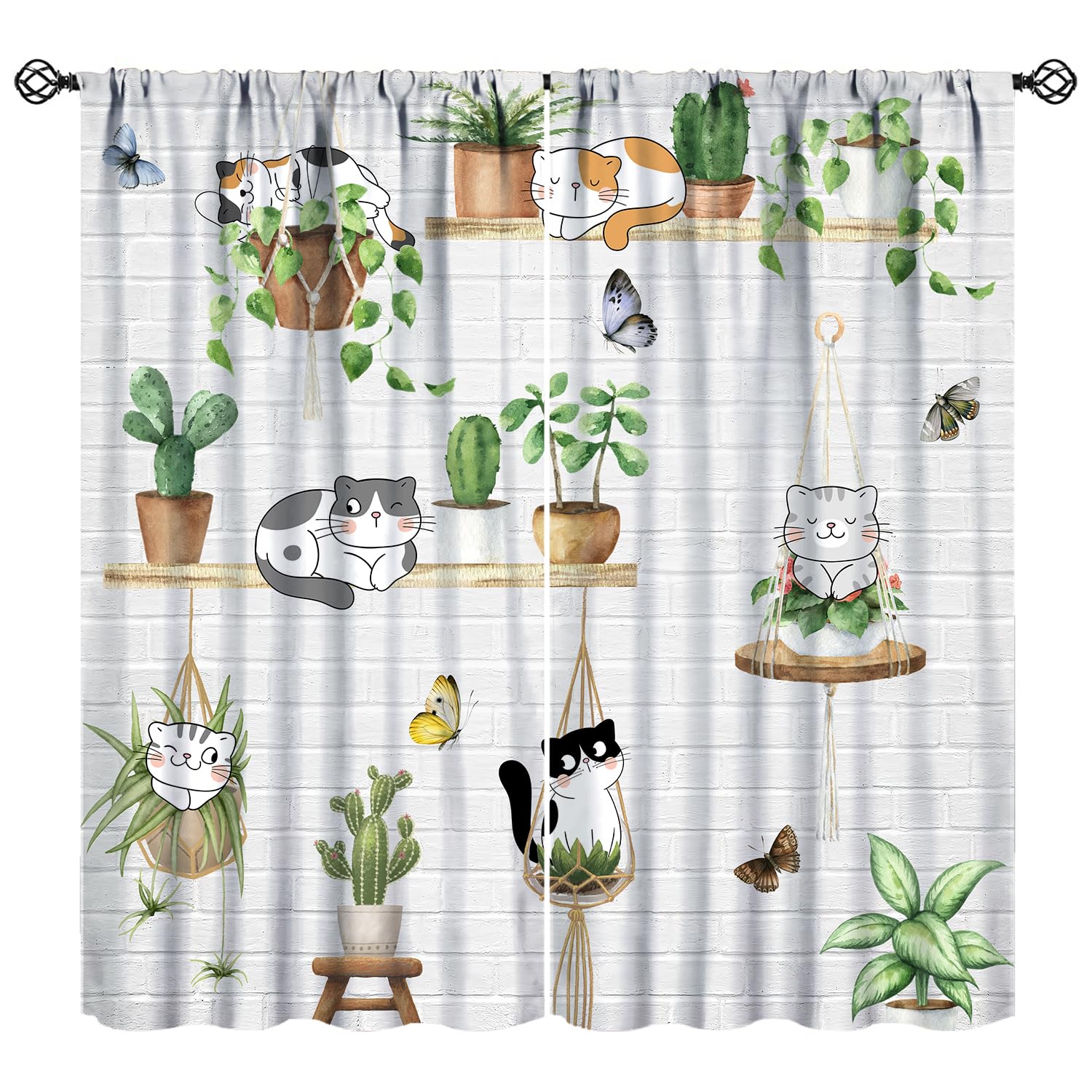 JanJCurt Cat Plants Kids Curtains, Boho Botanical Cartoon Cute Animal Lovely Pets Green Herbs Potted Plants Art Window Curtains for Living Room Boys