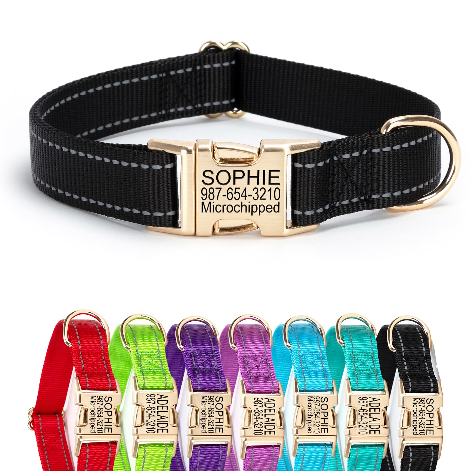 Personalized Reflective Nylon Dog Collar with Name Tag | Custom Engraved Golden Buckle Dog Collars | Metal Buckle Adjustable XS S M L XL Pet Collar for Small Medium Large Dogs（Black） — image 1