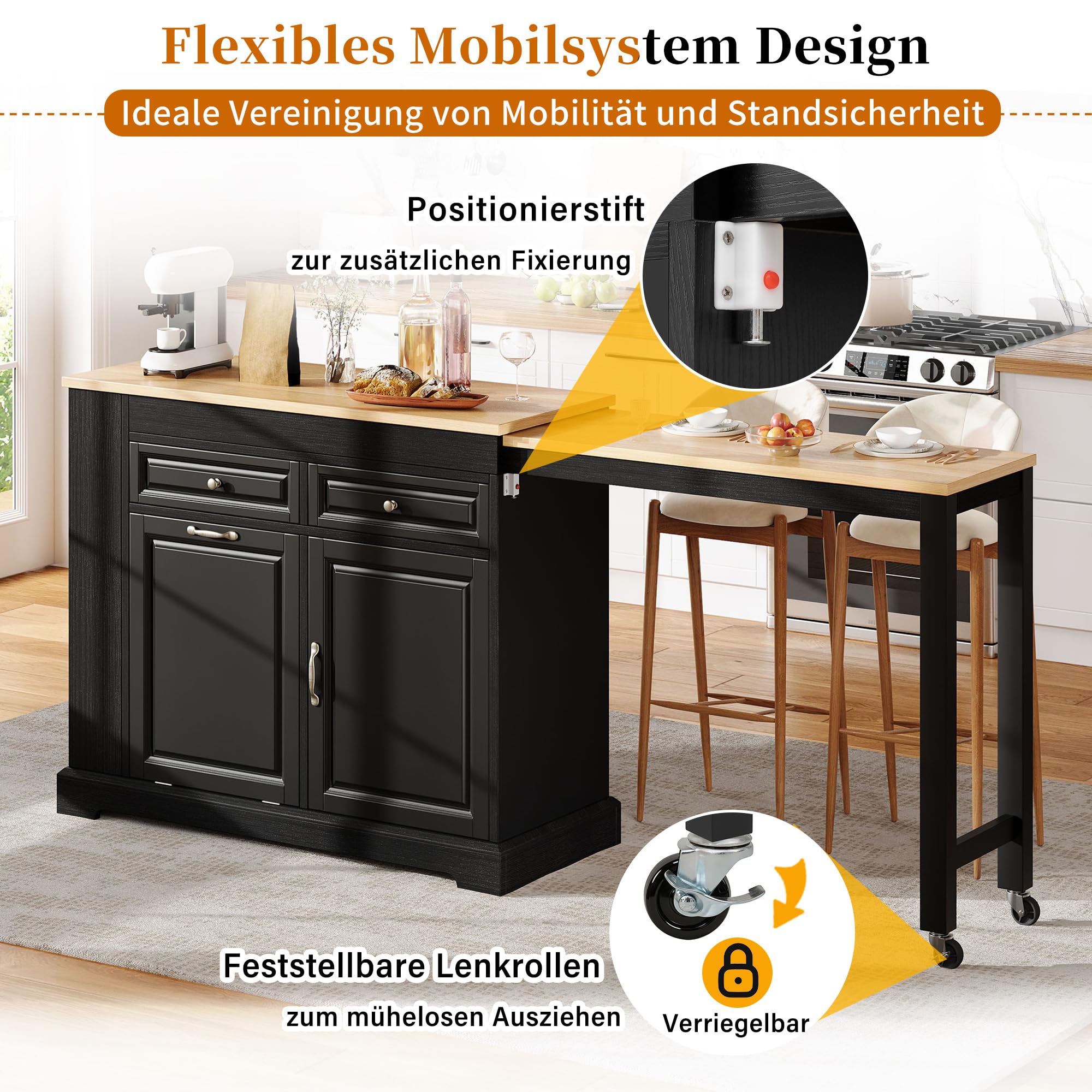 Isola da cucina su ruote, per sala da pranzo estensibile, isola da cucina con scomparto pattumiera e cassetti, isola mobile autoportante, ideale per cucina e sala da pranzo (pelle