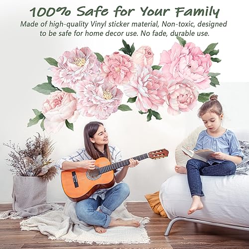 Miniatura 22 de Calcomanía de pared floral de peonía grande de 38.6 pulgadas para despegar y pegar, calcomanías de pared de flores retro, calcomanías de pared