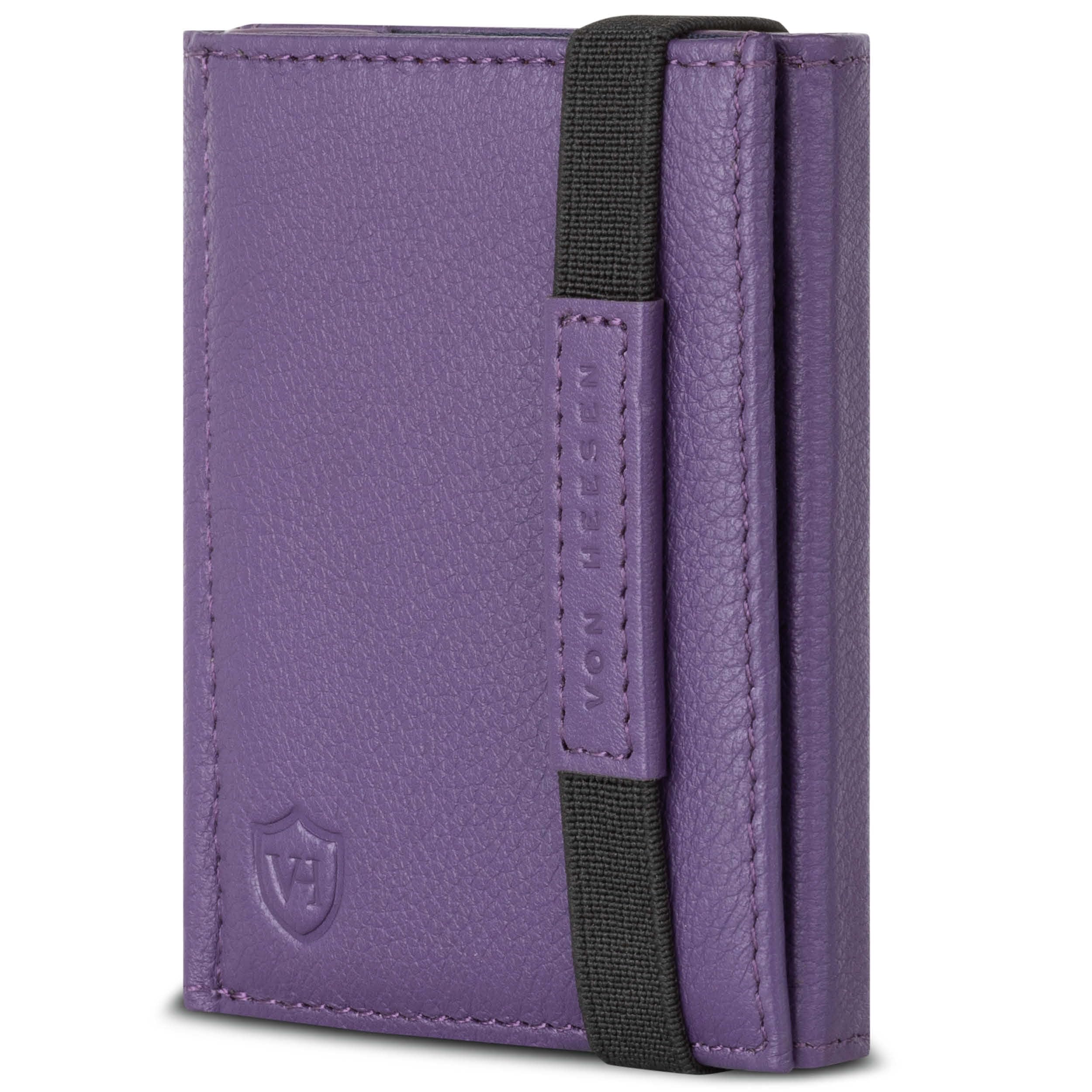 VON HEESEN Slim Wallet mit RFID Schutz - Geldbörse Herren klein - Mini Geldbeutel Damen Portmonee - Kartenetui Echtleder Karten Portemonnaie - Leder Kreditkartenetui Violet