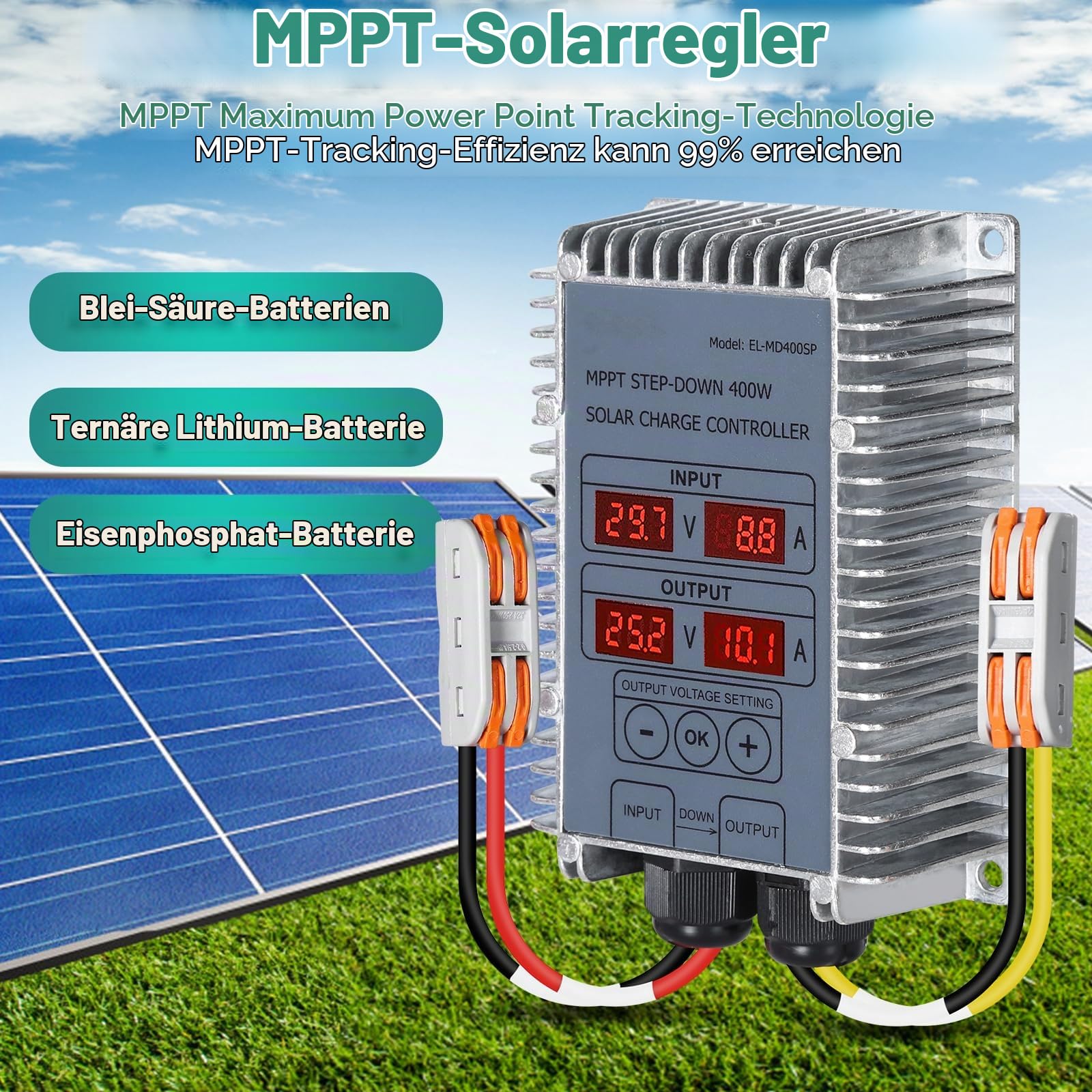 Jadeshay MPPT Laderegler 24V, 400W MPPT Solarladeregler Solarpanel-Laderegler Ladebooster Regler 24–85V Spannung Einstellbar, for Säurebatterien, Lithiumbatterien