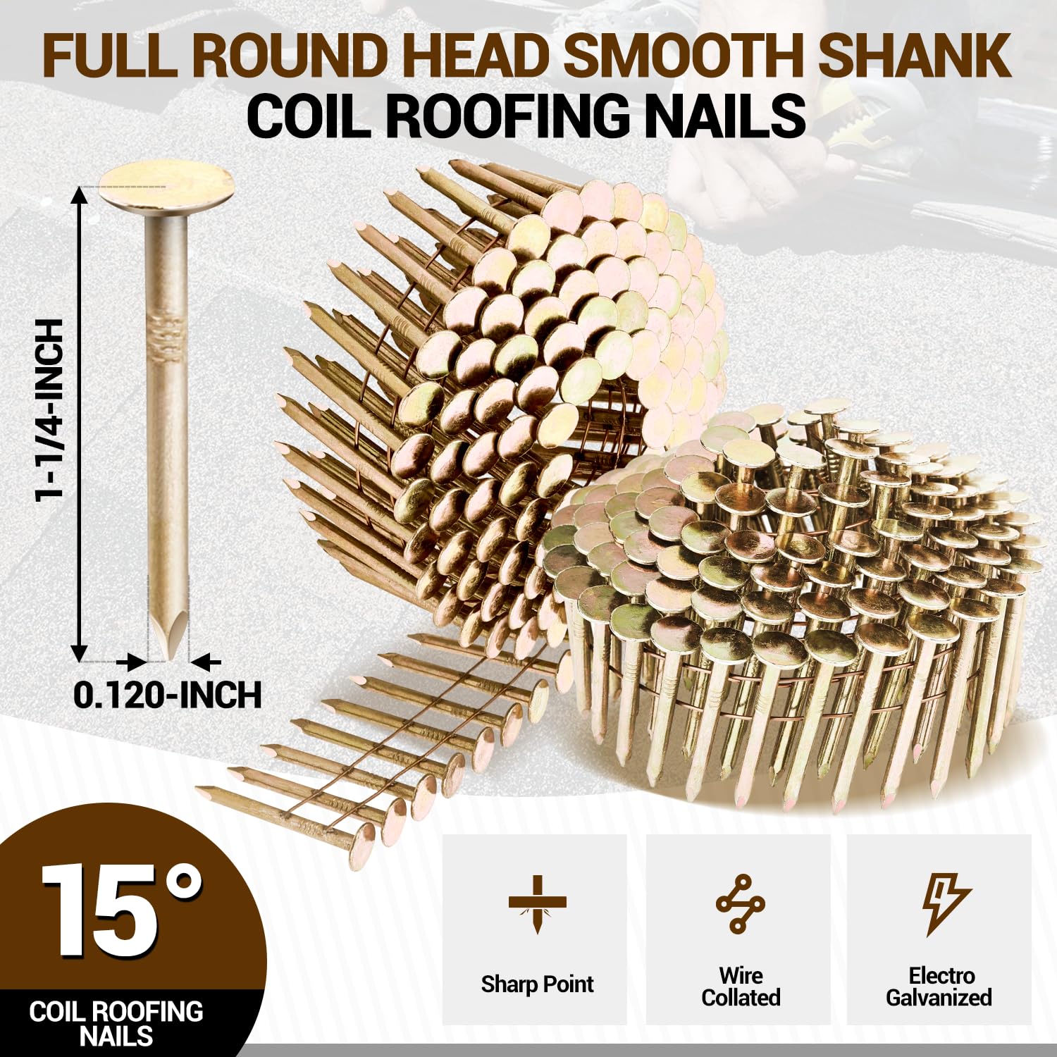 meite Coil Roofing Nails, 1-1/4-Inch × .120-Inch 15 Degree Round Head Smooth Shank Electro Galvanized Roofing Nails for Coil Roofing Nailer Gun (2,880 Counts)