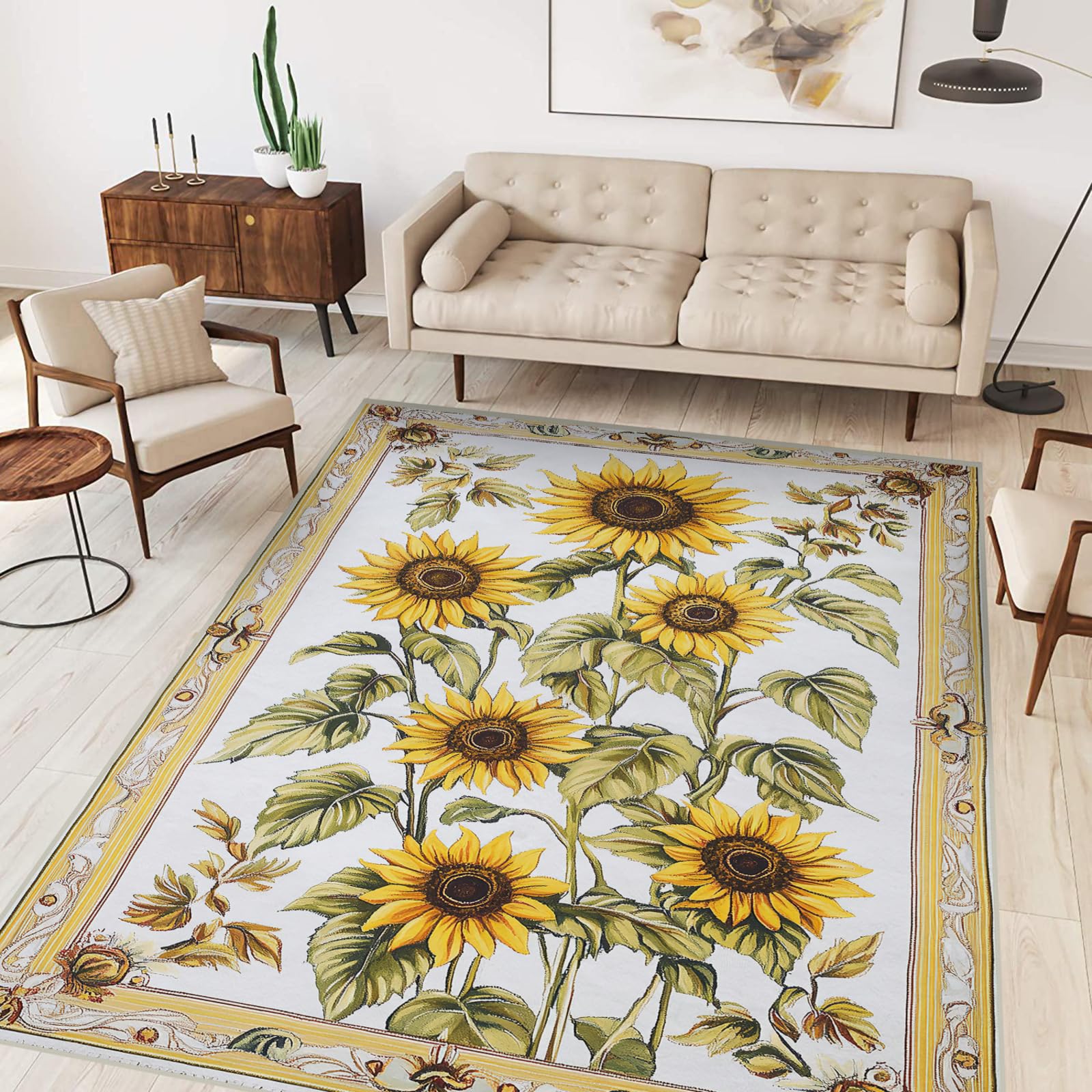 5x7 Sunflowers Flower Area Rugs Boho Floral Botanical Yellow Rug for Living Room Indoor Soft Non-Slip Thin Carpet Modern Abstract Rugs for Dining Room Office Bedroom Under Table Washable Machine
