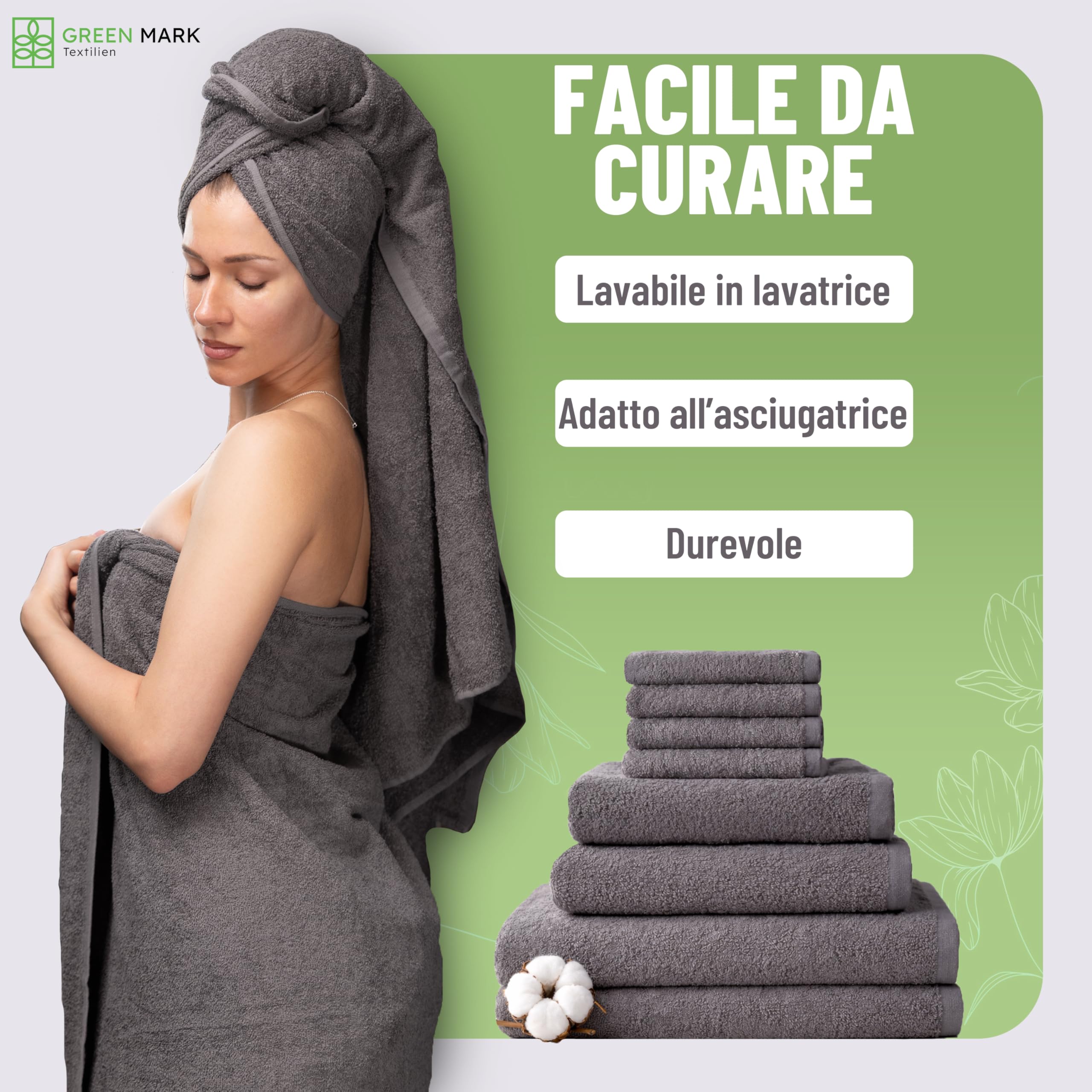 NatureMark set asciugamani 8 pezzi 100% cotone – 4 asciugamani ospite, 2 viso, 2 teli doccia, set bagno, Grigio Antracite – 30x50, 50x100, 70x140 cm