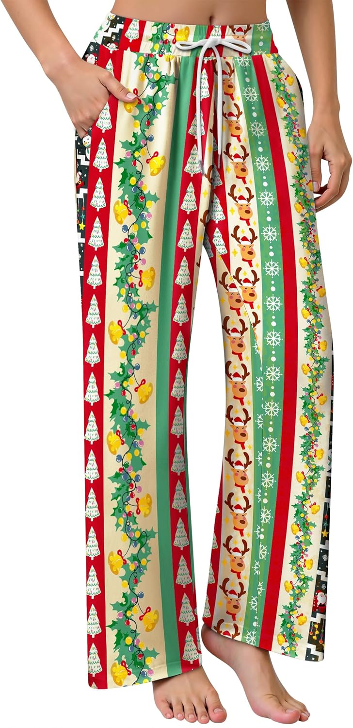Christmas Pajamas Bottoms for Women Santa Claus Snowman Print Wide Leg Pj Pants with Pockets Lounge Sleepwear
