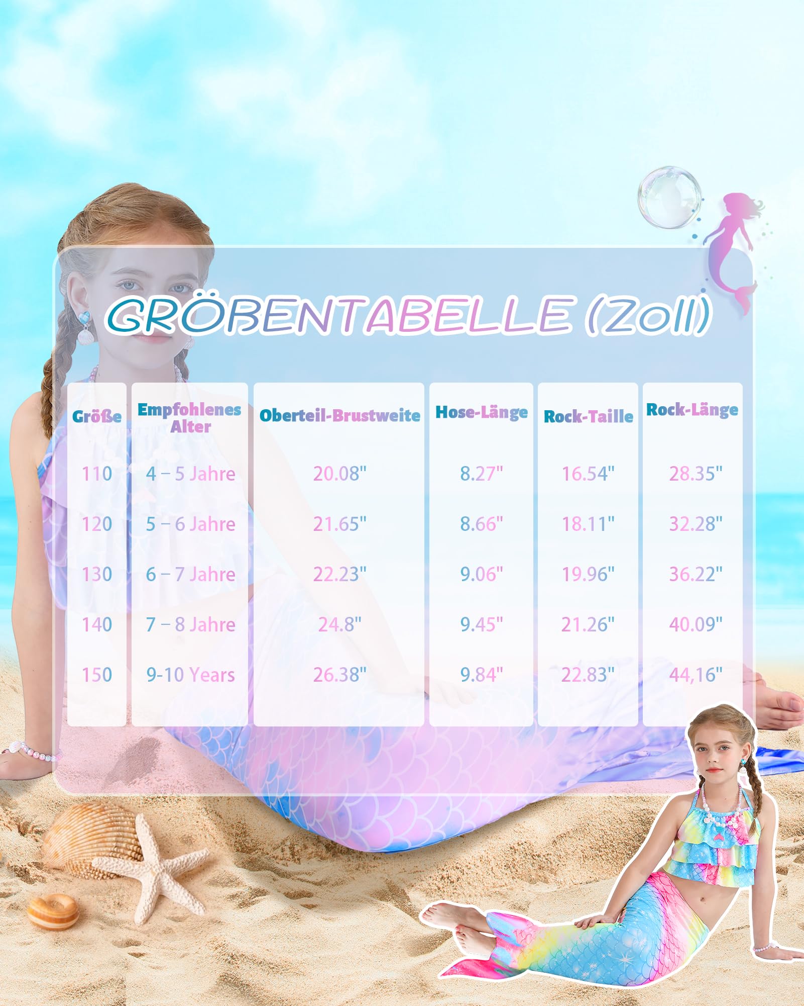 3-teiliger Meerjungfrauen-Badeanzug für Mädchen, Tankini-Badeanzug mit kurzem Regenbogen-Fischschwanz (4-10 Jahre)