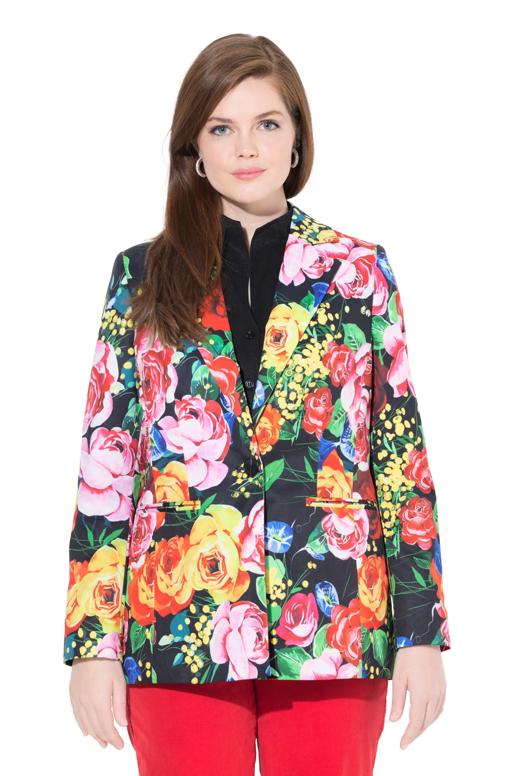 Ulla Popken Damen große Größen Übergrößen Plus Size Blazer, Blütenmuster, Reverskragen, farbiges Futter 826340