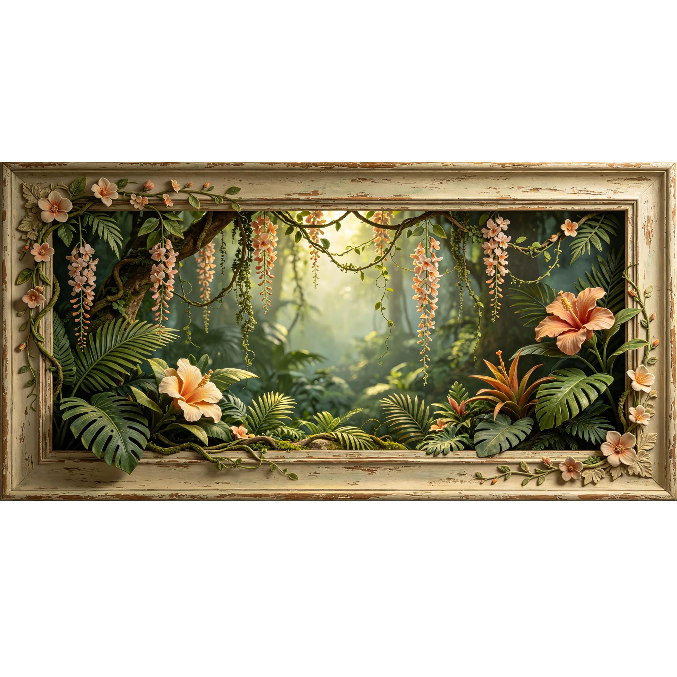 Agglomerix 3D Framed Wall Art Tropical Hibiscus Wisteria Palm Leaves Botanical Relief Large Size SelfAdhesive Removable Wall Decor Prints Artwork for Living Room Bedroom Office