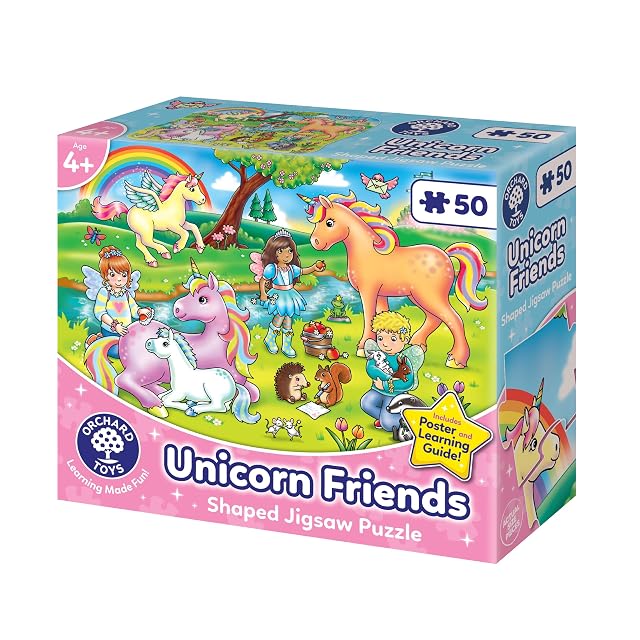 Orchard Toys Unicorn Friends Jigsaw, 50-Piece Shaped Puzzle, Includes Poster and Learning Guide, For Ages 4+