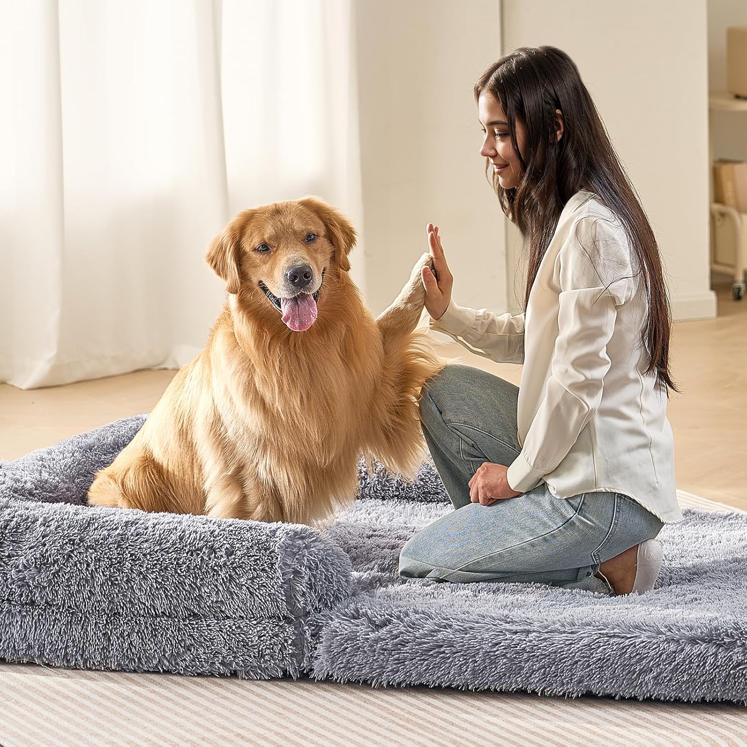 VEVOR Foldable Human Sized Dog Bed, 72"x48"x10" Giant for Adults and Pets, Human Dog Bed with Washable PV Velvet Cover, Egg Orthopedic Foam, Storage Pocket, Grey