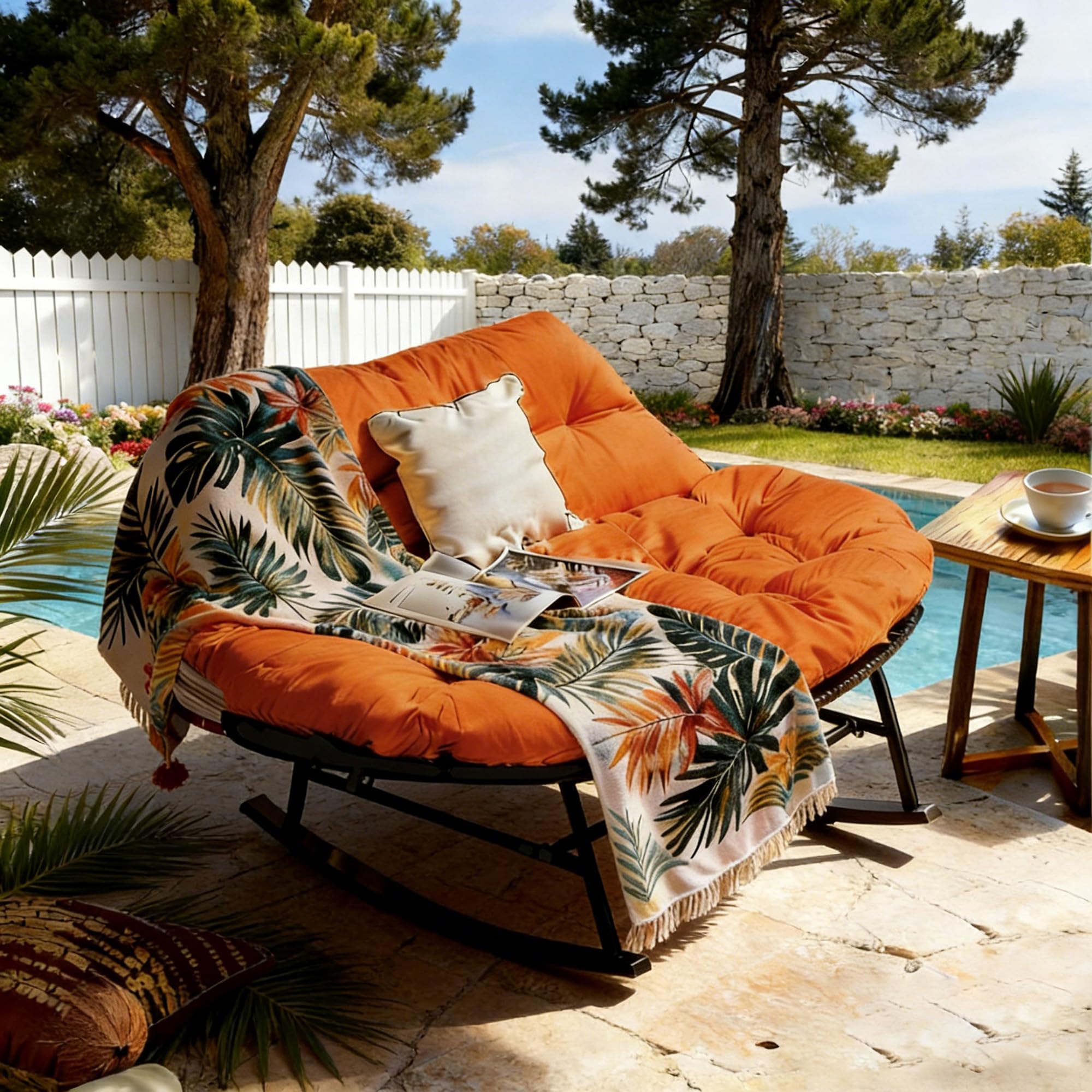 MUSUFIMIIX Patio Double Rocking Chair with Thick Cushion,Oversize Rattan Papasan Chair for 2, Egg Loveseat for Living Room, Patio, Garden, Backyard (