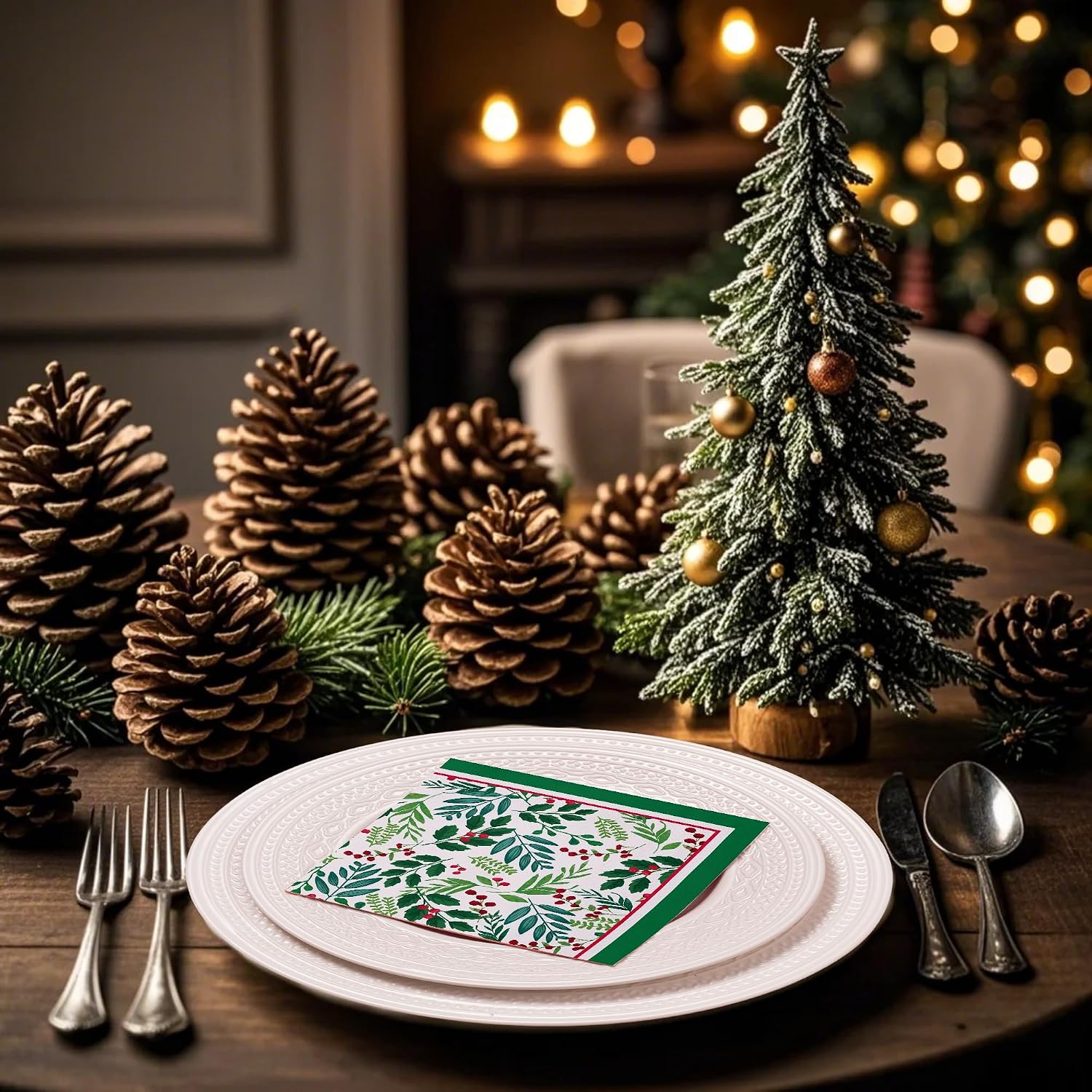 WRAPAHOLIC 50Pcs Christmas Seasonal Holly Paper Napkins - 3-Ply Disposable Cocktail Napkin for Christmas Party Supplies Tableware, Xmas Holiday Party Decorative Towels - 5 x 5 In