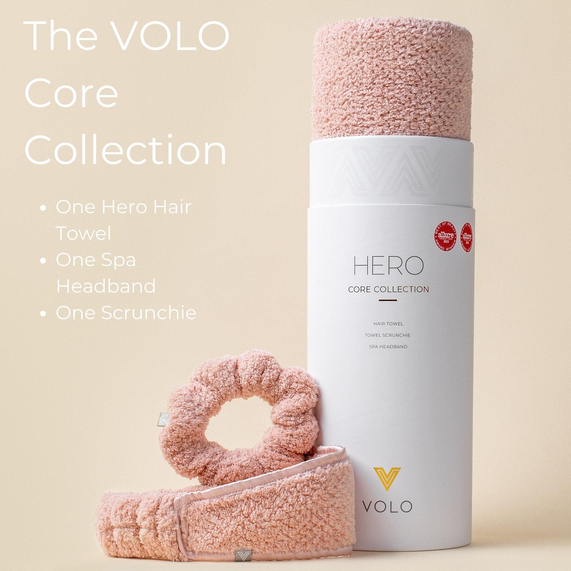 VOLO Juego de toalla para el cabello, diadema de spa y coletero rosa nube, ultrasuave, súper absorbente, de secado rápido, accesorios para el cabello, colección The Core, microfibra