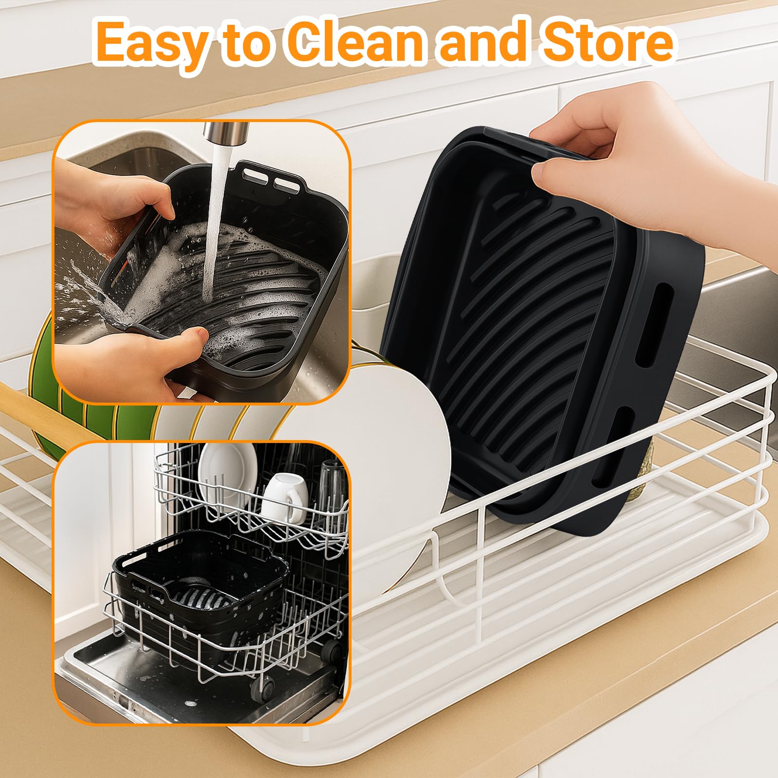 Alyvisun Silikonowa Wkładka do Frytkownicy Powietrznej z Pędzel do Oleju, 2 Sztuki Wielokrotnego Użytku Kosz do Pieczenia Kwadratowy Koszyk Formy Blacha do Air Fryer, Mikrofalówki, Piekarnika(Czarny)