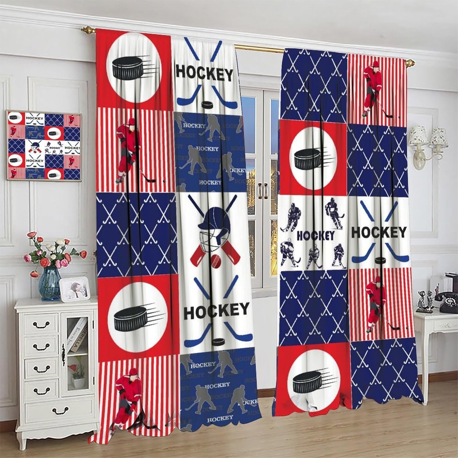 Hockey Blackout Curtain,Sports Ball Theme Plaid Boys Kids Pattern Print Window Curtains Cloth Farbic Dining Room Living Room Kitchen Cafe Bedroom Office Drapes,42x45 in