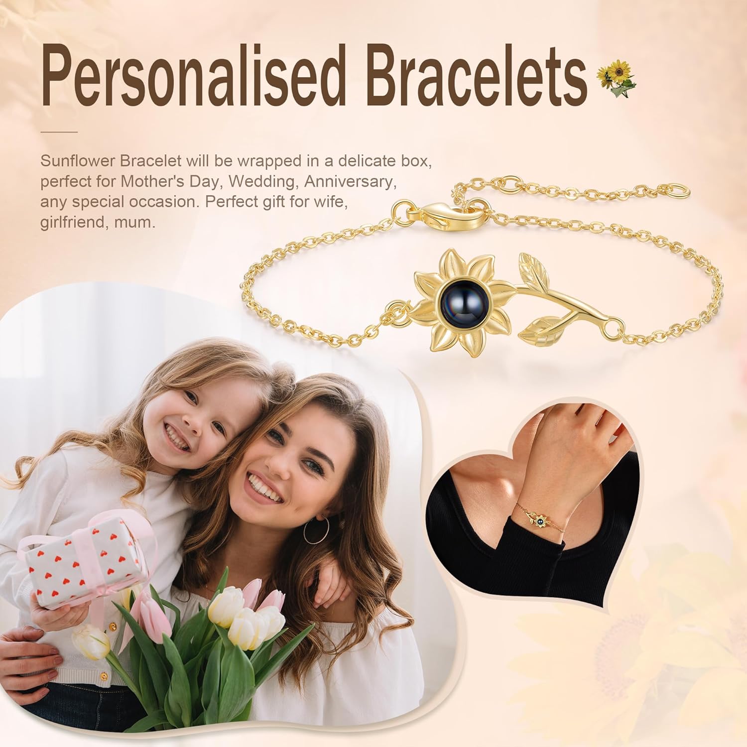 kaululu Personalized Photo Projection Jewelry Custom Bracelet with Picture Inside for Men Women Memorial Gift for Couples Mom Dad Birthday Christmas Anniversaries