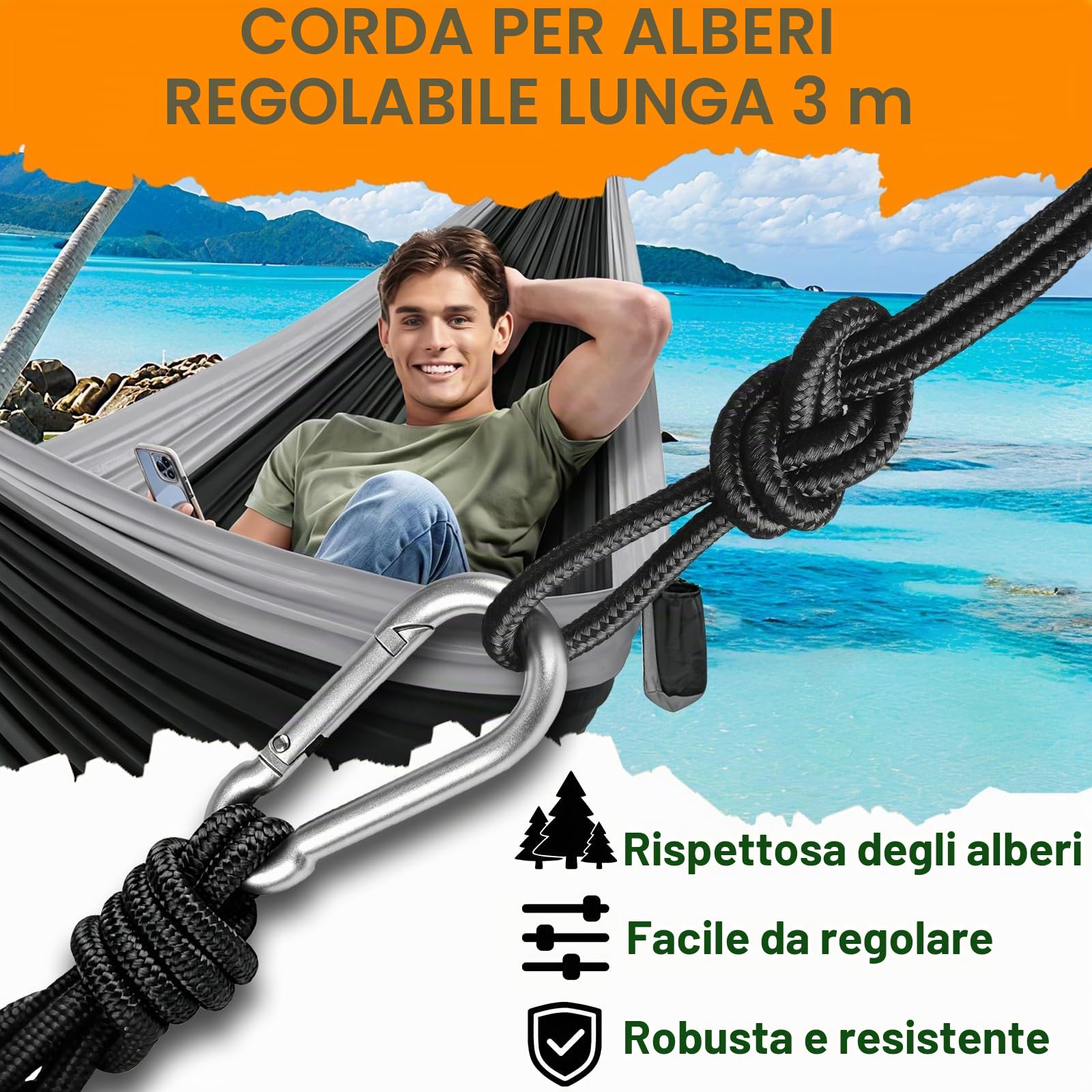 Amaca Campeggio Ultraleggera, Capacità di Carico 300kg, 270 x 140 cm in Nylon Paracadute Traspirante, con Cinghie Rispettose degli Alberi, Moschettoni & Borsa da Viaggio, per Giardino, Trekking