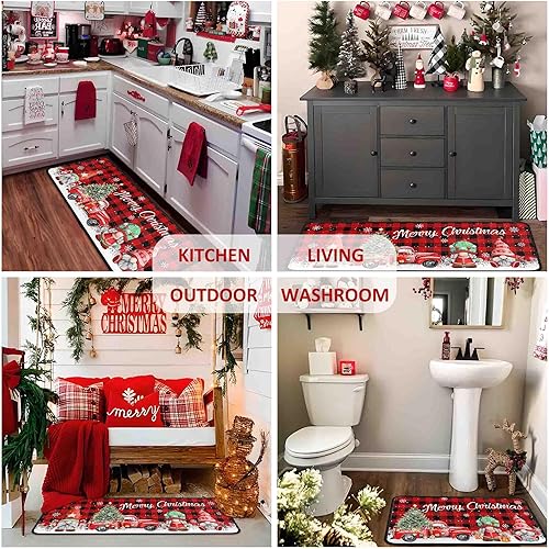 Miniatura 5 de Juego de 2 alfombras y tapetes de cocina de Navidad con diseño de camión rojo a cuadros de búfalo, gnomos de árbol de Navidad, nieve, invierno,