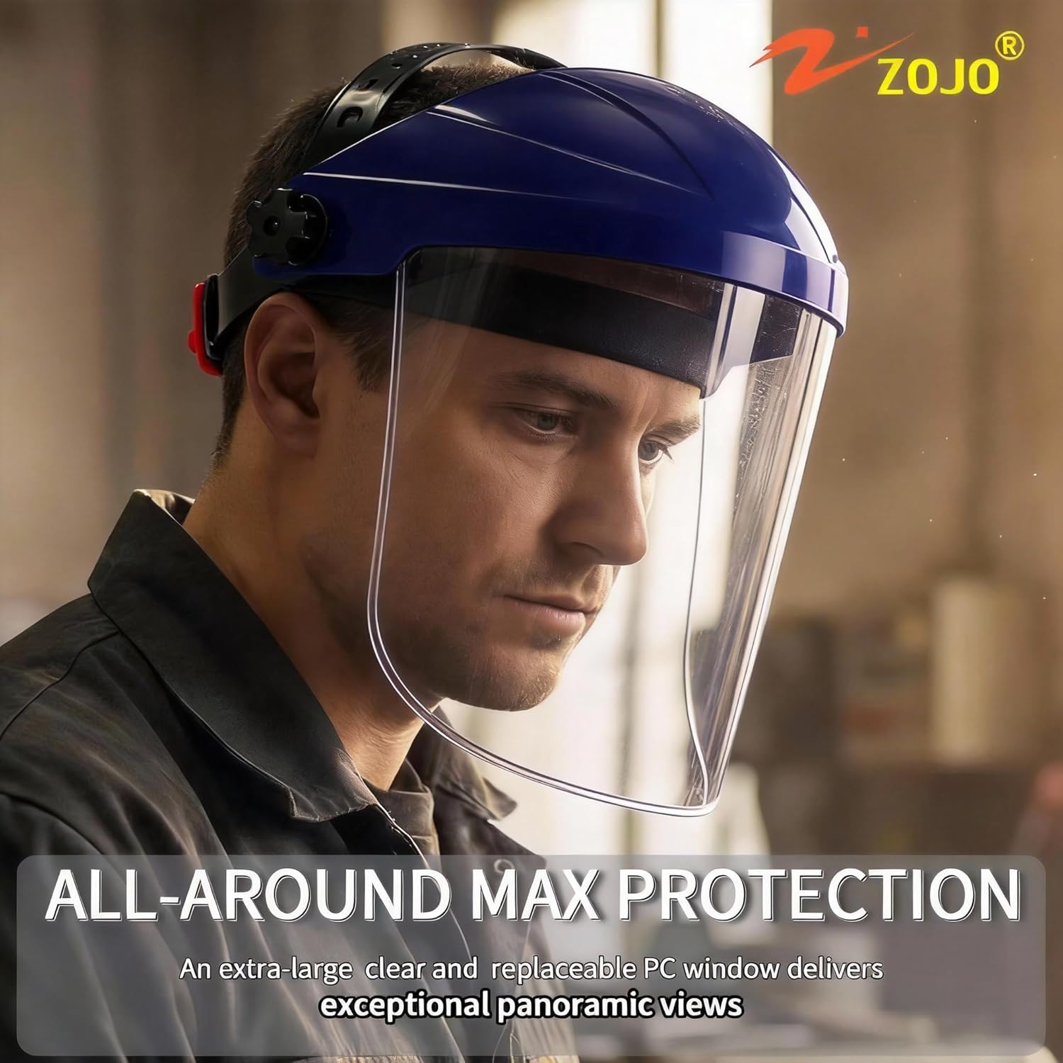zojo Full Face Impact Resistant Safety Face Shield mask, Clear Extrusion-Grade Polycarbonate Visor (1, BLUE)
