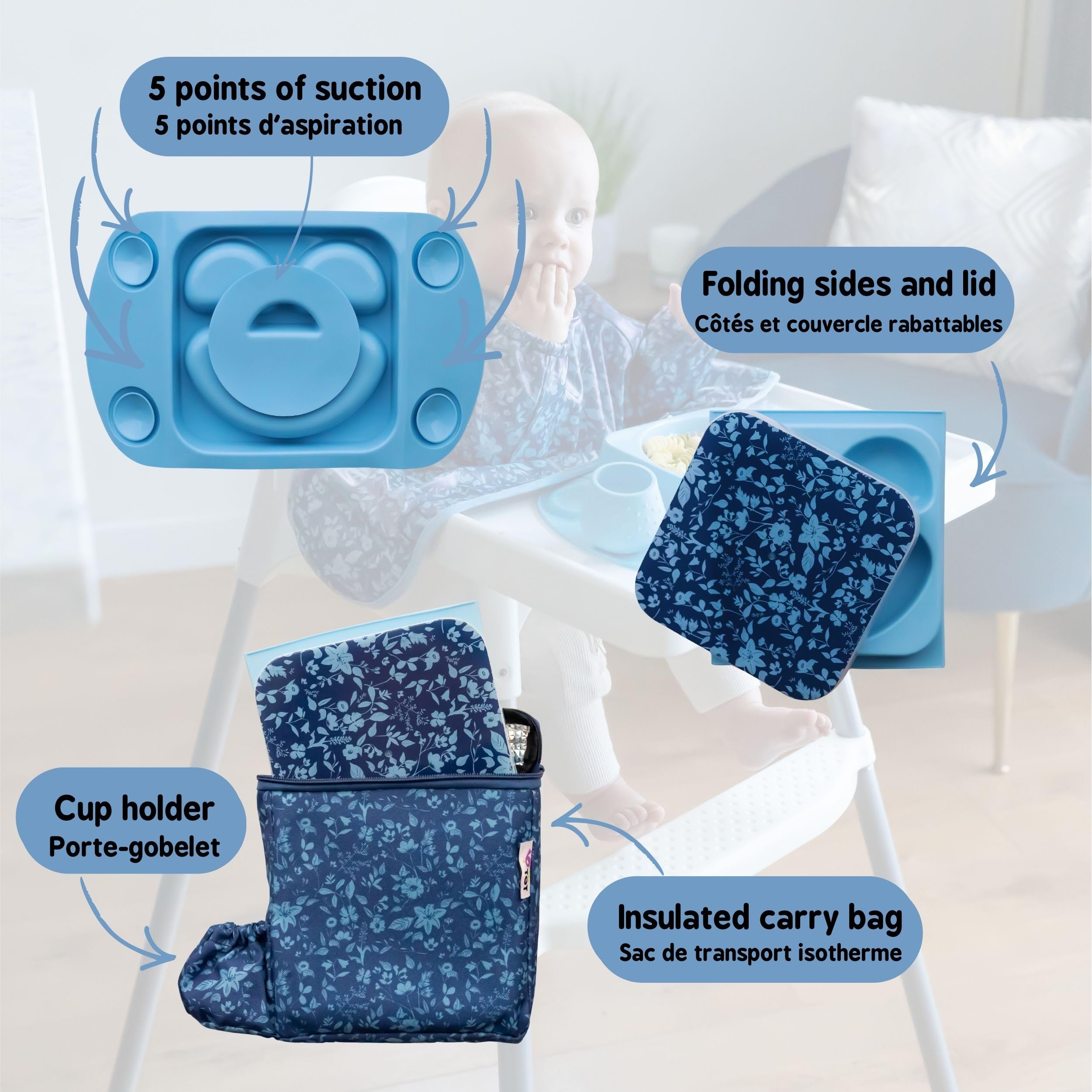 Tidy Tot®™ Assiette EasyMat Bébé en Silicone avec Ventouse et Couvercle – Assiette Repas Bébé Antidérapante avec Lunch Bag, Silicone Alimentaire LFGB, Dès 4 Mois