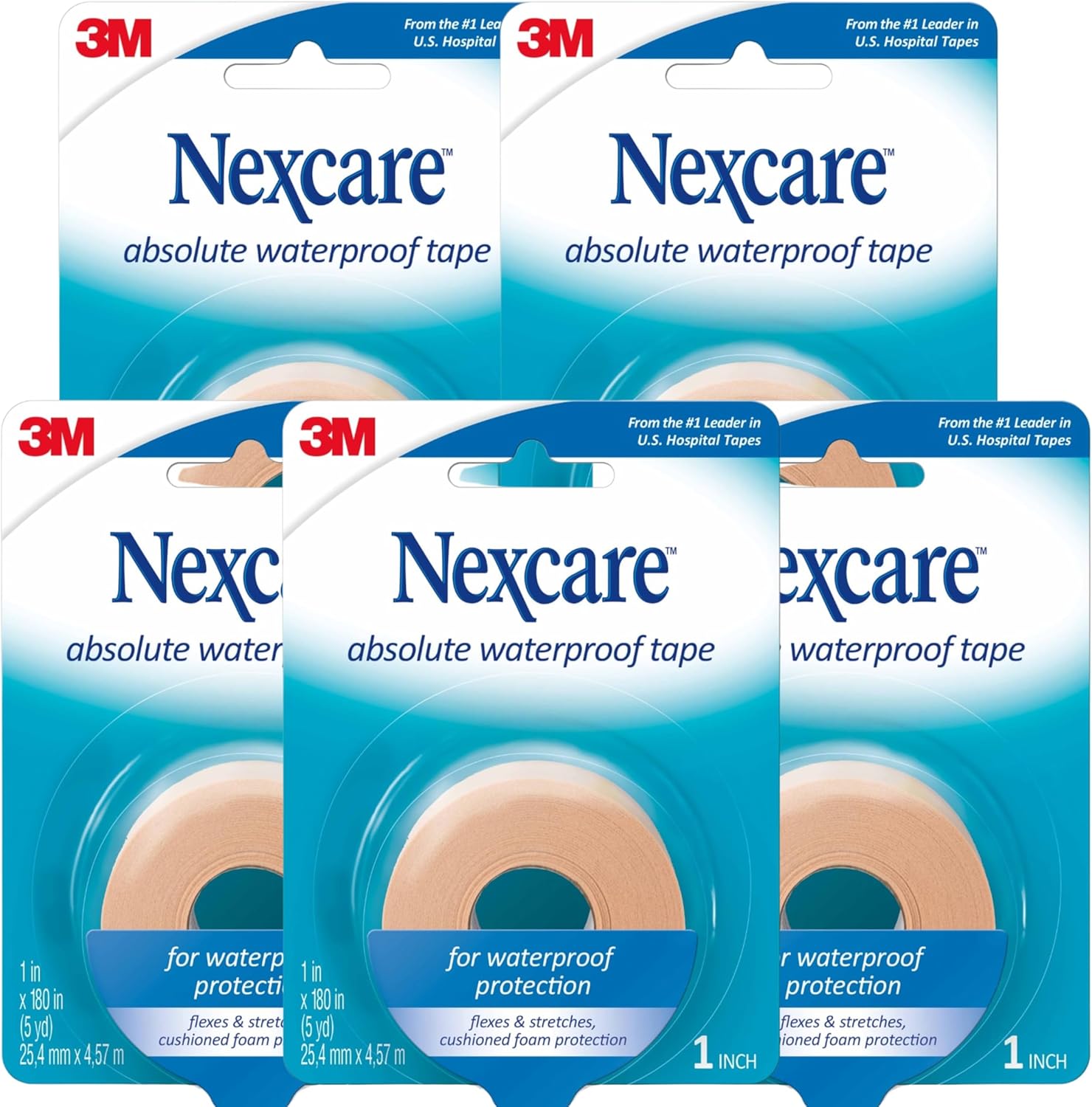 Nexcare Absolute Waterproof First Aid Tape 1.00 Inch x 5 yd (5 Rolls) – Strong Adhesive Medical Tape for Wound Care, Flexible for Active Use
