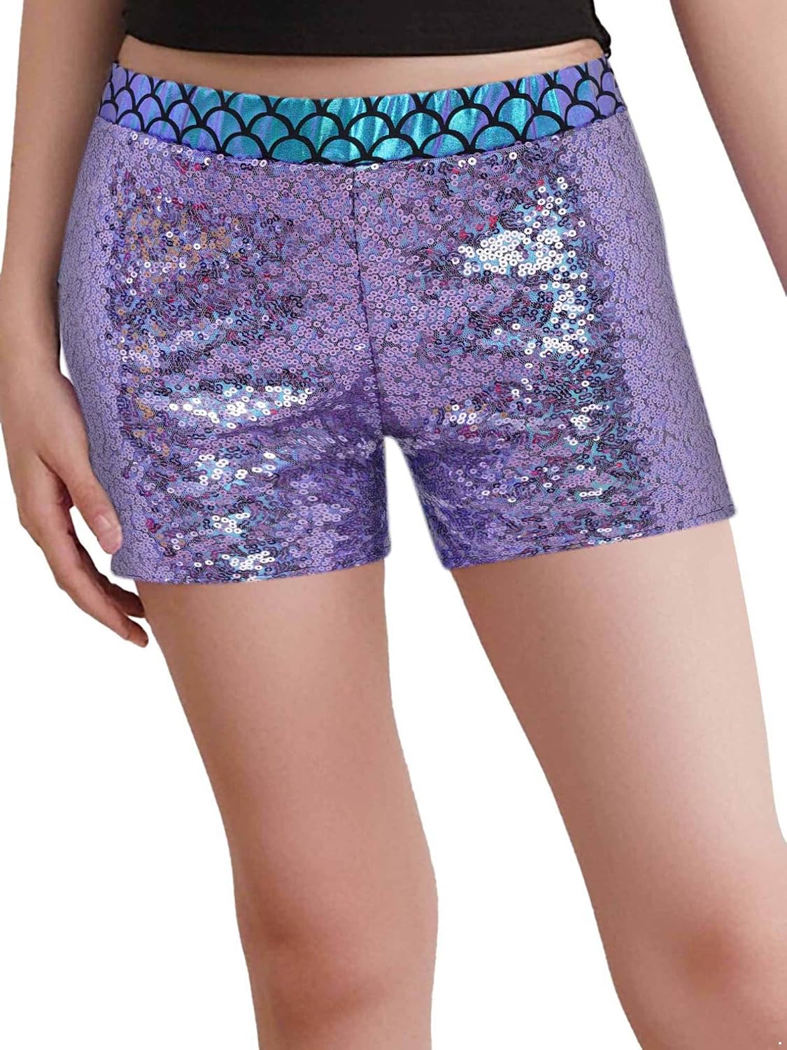FEESHOW Kids Girls Sequins Metallic Mermaid Booty Shorts Fish Scales Gymnastic Dance Bottoms Workout Sports Bike Shorts