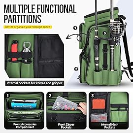 PLUSINNO Fishing Backpack with Rod Holders, 42L Large Water-Resistant Tackle Bag Store Fishing Gear, Camping, Hiking, Fish Gifts for Men Father, Black Camo