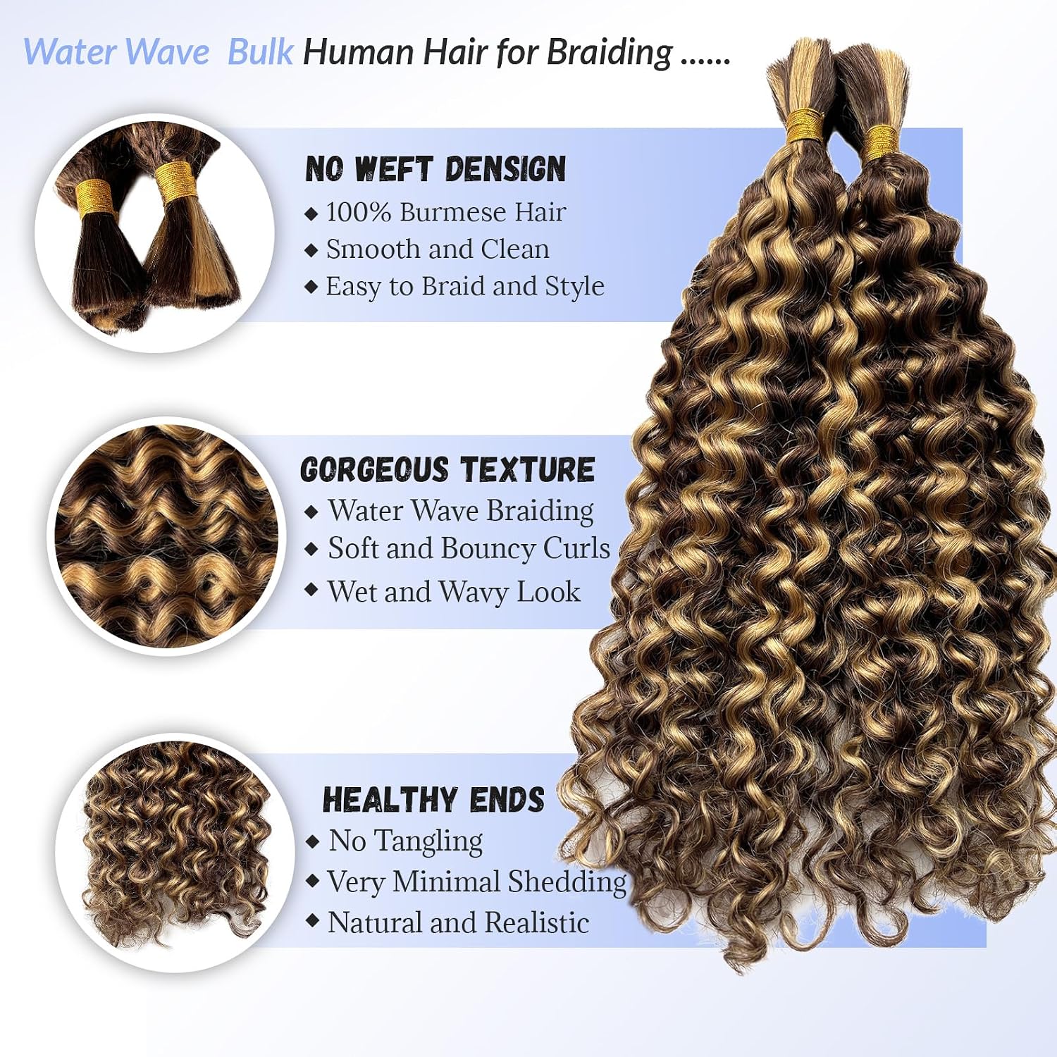 Human Braiding Hair for Boho Braids Highlighted 100% Human Hair Deep Water Wave Bundles Brown Blonde 4/27 Boho Hair Two Bundle 100G/Pack Soft Smooth Burmese Human Hair for Braiding 14 Inch