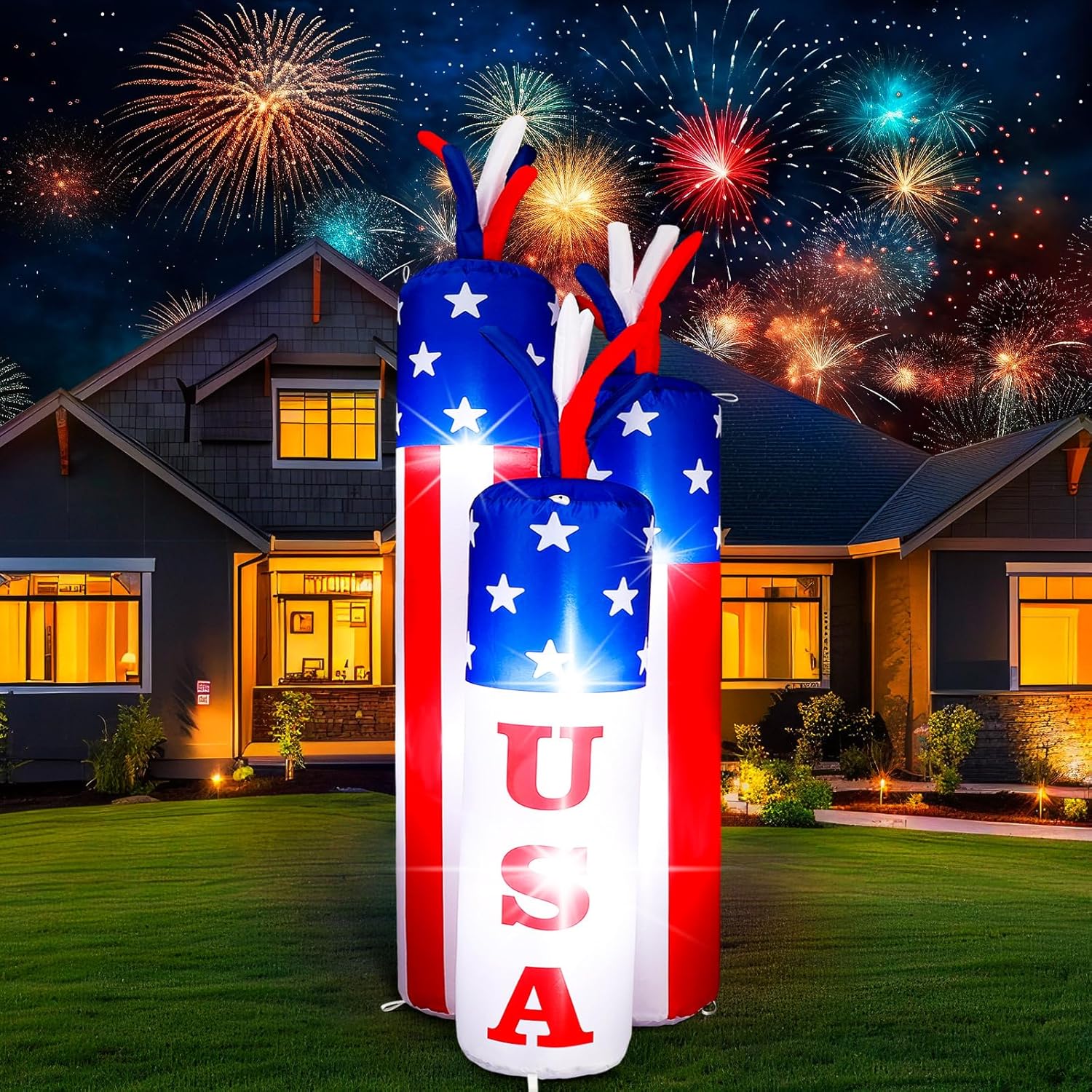 VIHOSE 4 ft 4th of July Inflatables Decoration 250th Birthday Patriotic Blow up Firecracker Independence Inflatable with Build-in LED for Party Indoor Outdoor Lawn Garden Decor