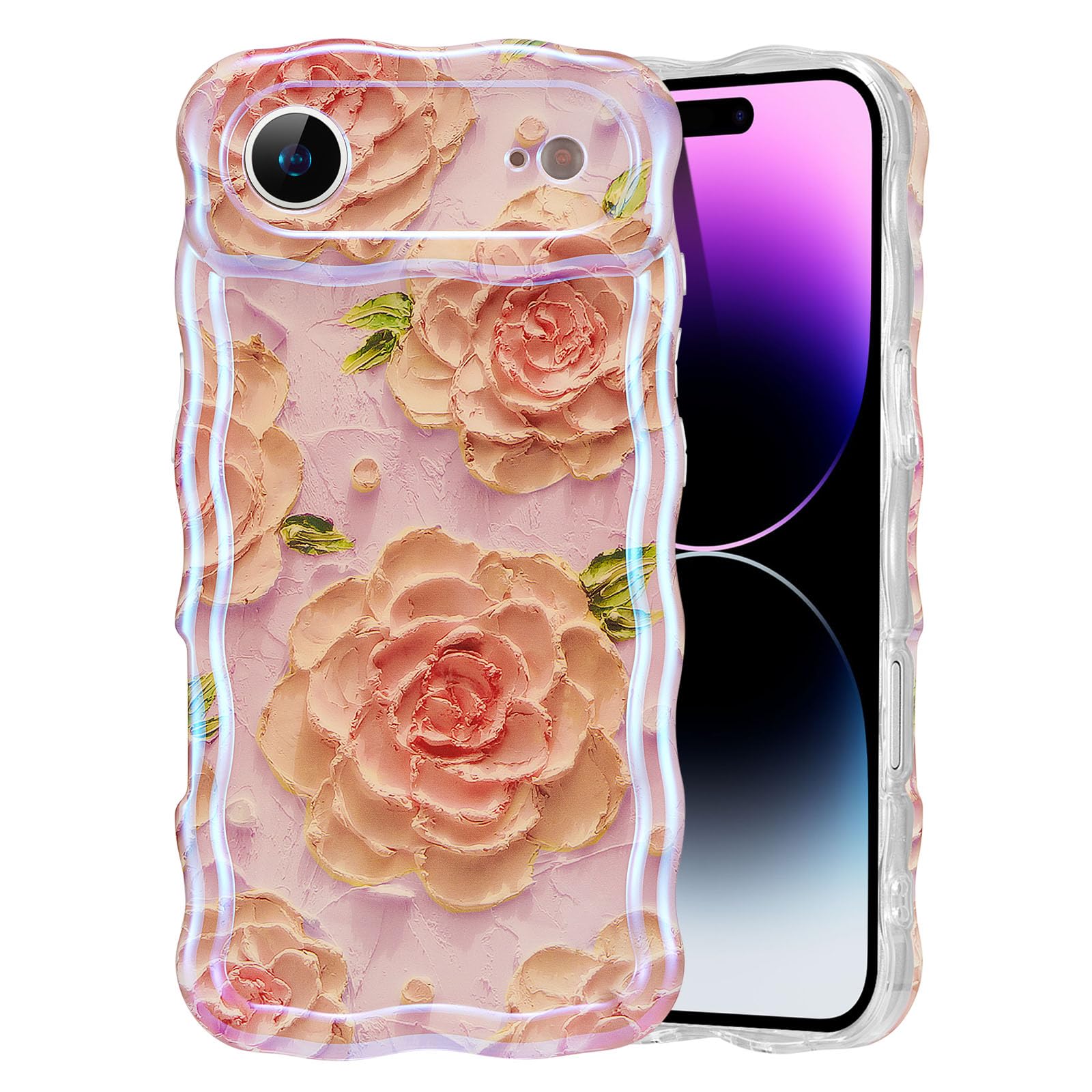EYZUTAK Case for iPhone 15, Colorful Retro Oil Painting Flower Laser Beam Glossy Pattern Cute Curly Waves Border Exquisite Phone Cover Stylish Durable Soft TPU Protective Case for Girls Women - Green — view 41