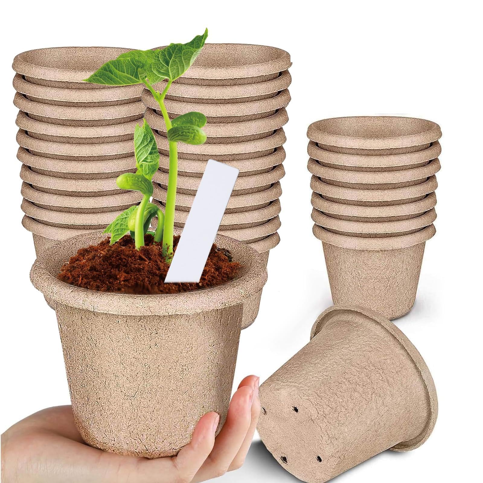 Richaa 30 Pcs Small Paper Fibre Plant Pots for Seedlings, 11cm Round Seedling Pot for Indoor Outdoor & 20 Pcs Plastic Plant Labels