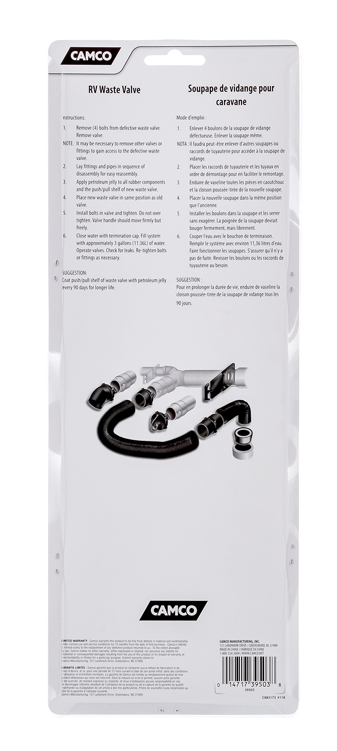 Camco RV 39503 Zastępczy zawór ściekowy z uchwytem, wyposażony w wytrzymały plastikowy uchwyt, o średnicy 38 mm