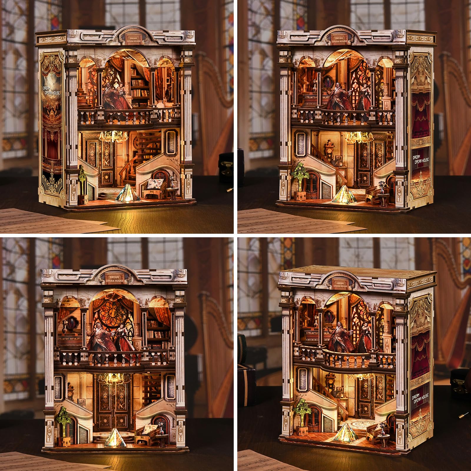 Book Nook Kit w klasycznym stylu vintage – wymarzona robota (Dream Opera House), miniaturowy dom, drewniane puzzle 3D z diodami LED, zestaw do majsterkowania dla dorosłych i młodzieży