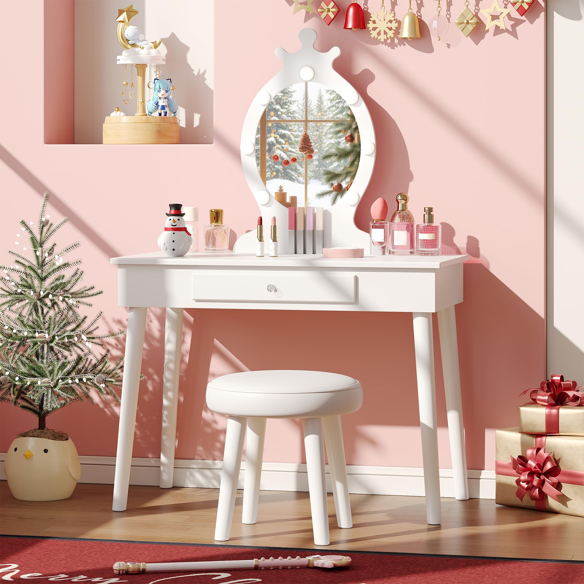 Kids Vanity with Lights, Vanity Set with Mirror and Stool, Wooden Makeup Dressing Princess Table with Drawer for Little Girls,White