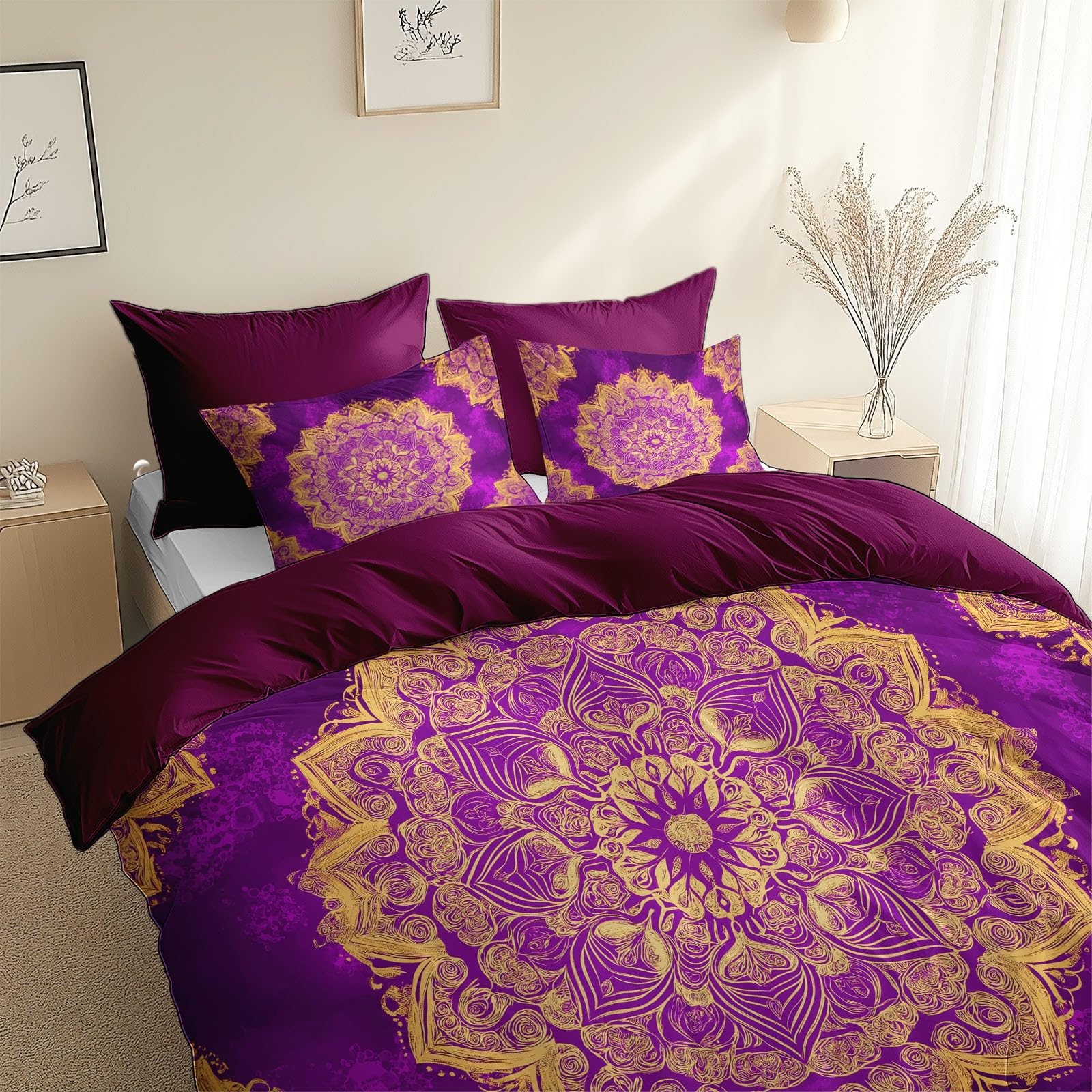 Pościel Geometryczny wzór Mandala Mikrofibra Miękka Ciemnofioletowa Poszwa na kołdrę Pościel 240 X 220 cm Dla Chłopców I Dziewcząt W zestawie 1 poszwa na kołdrę i 2 poszewki na poduszki