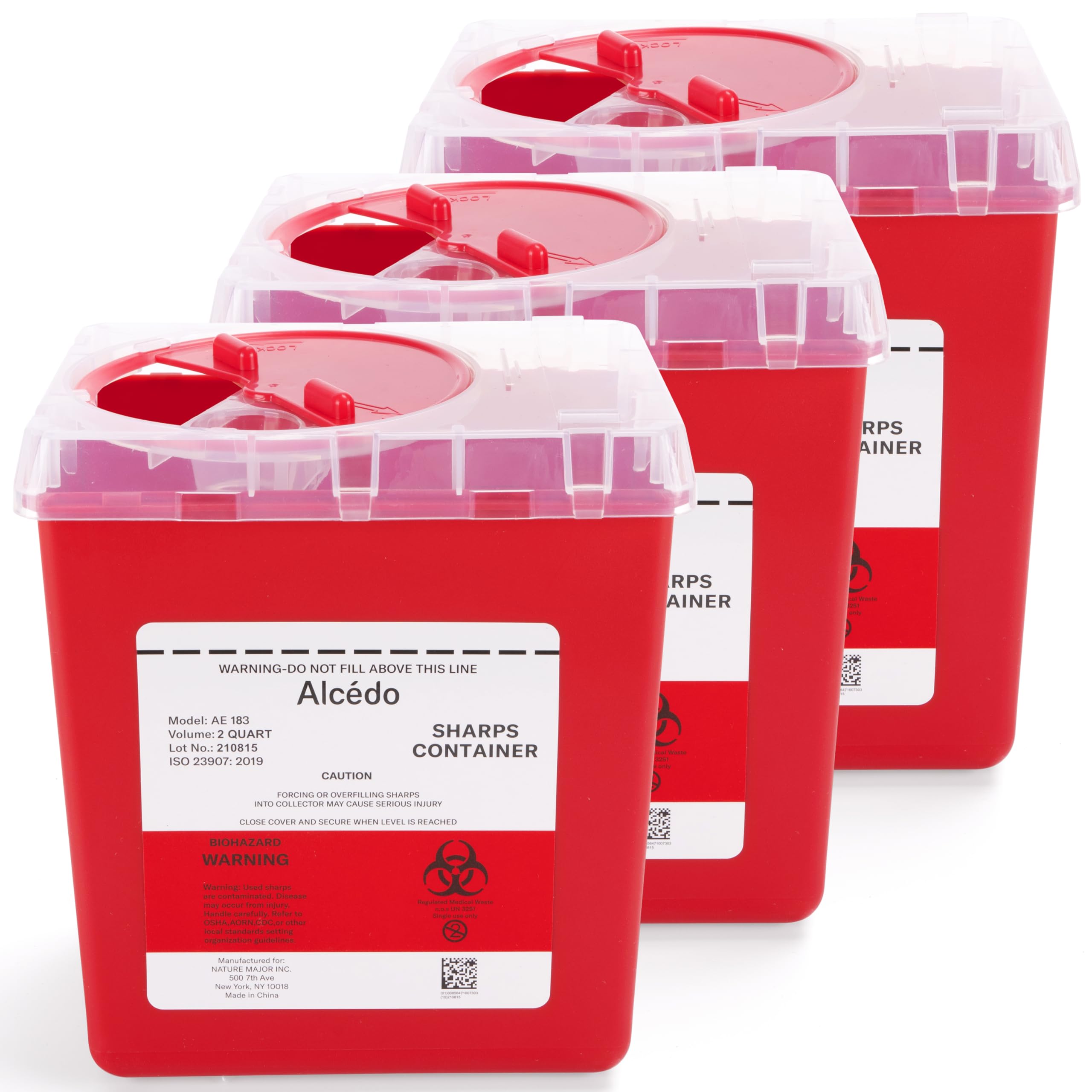 Alcedo Sharps Container for Home and Professional Use 2 Quart 3-Pack Biohazard Needle and Syringe Disposal Medical Grade