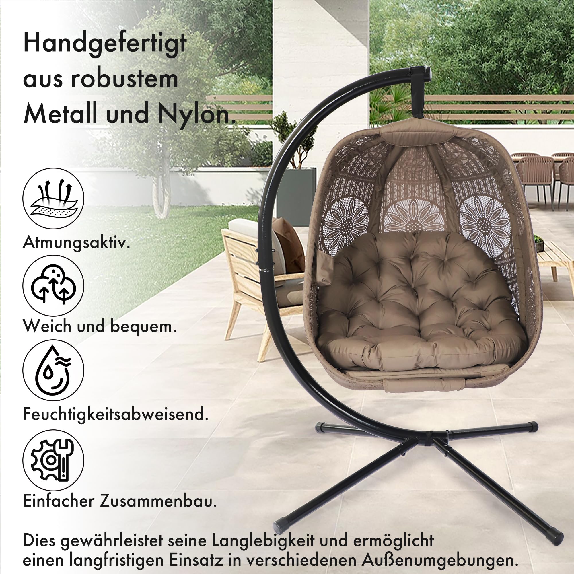 Hängesessel mit Gestell Sonnenblume Ei-Stuhl - Handgeflochtener Hängestuhl mit wasserfester Sitzauflage für Garten, Balkon & Innnenbereich - Gemütlicher Schaukelstuhl für Erwachsene