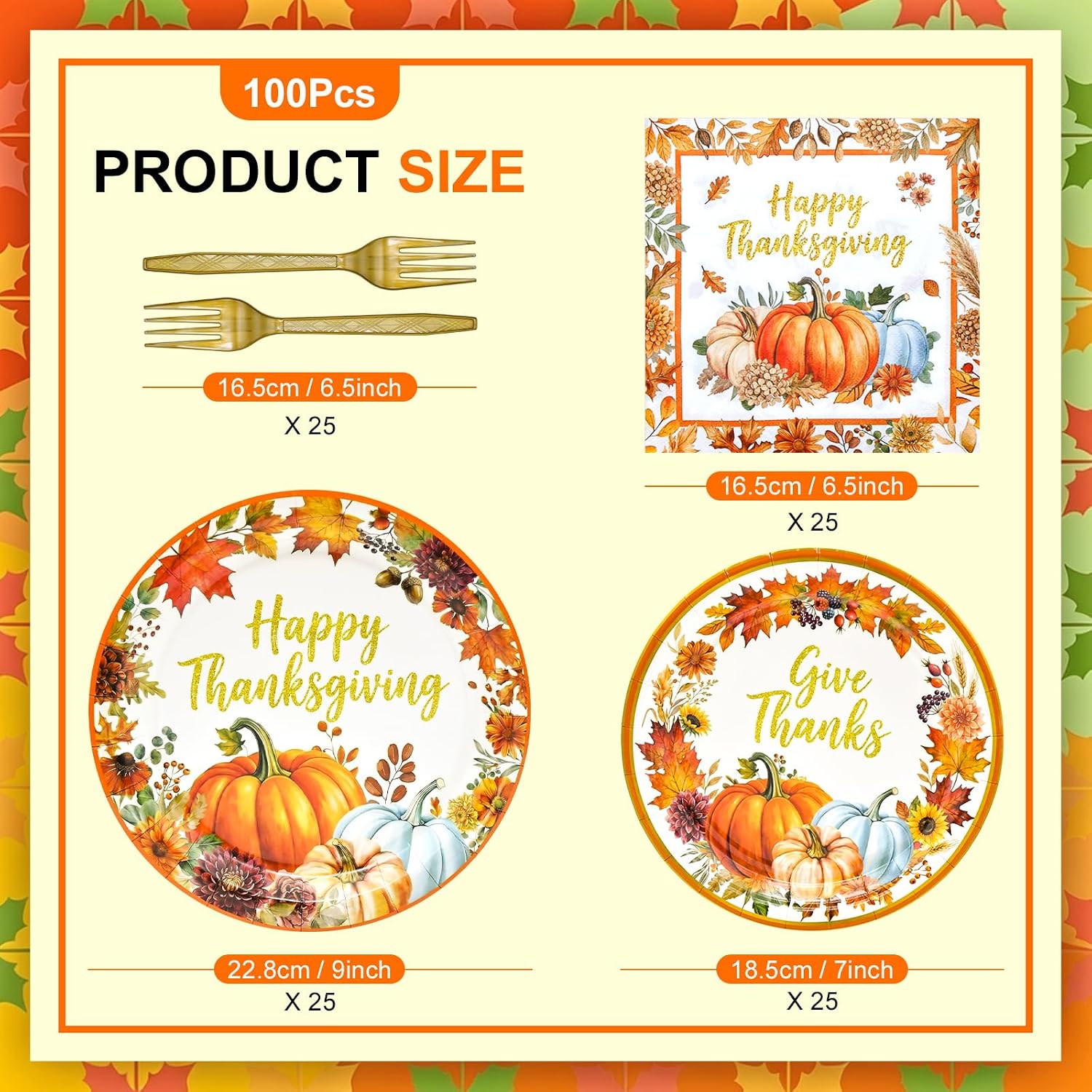 100 Pieces Thanksgiving Party Tableware Set – Pumpkin Disposable Plates, Napkins and Gold Forks, Happy Thanksgiving Fall Harvest Party Supplies for Friendsgiving, Family Dinner and Autumn Decorations image 2